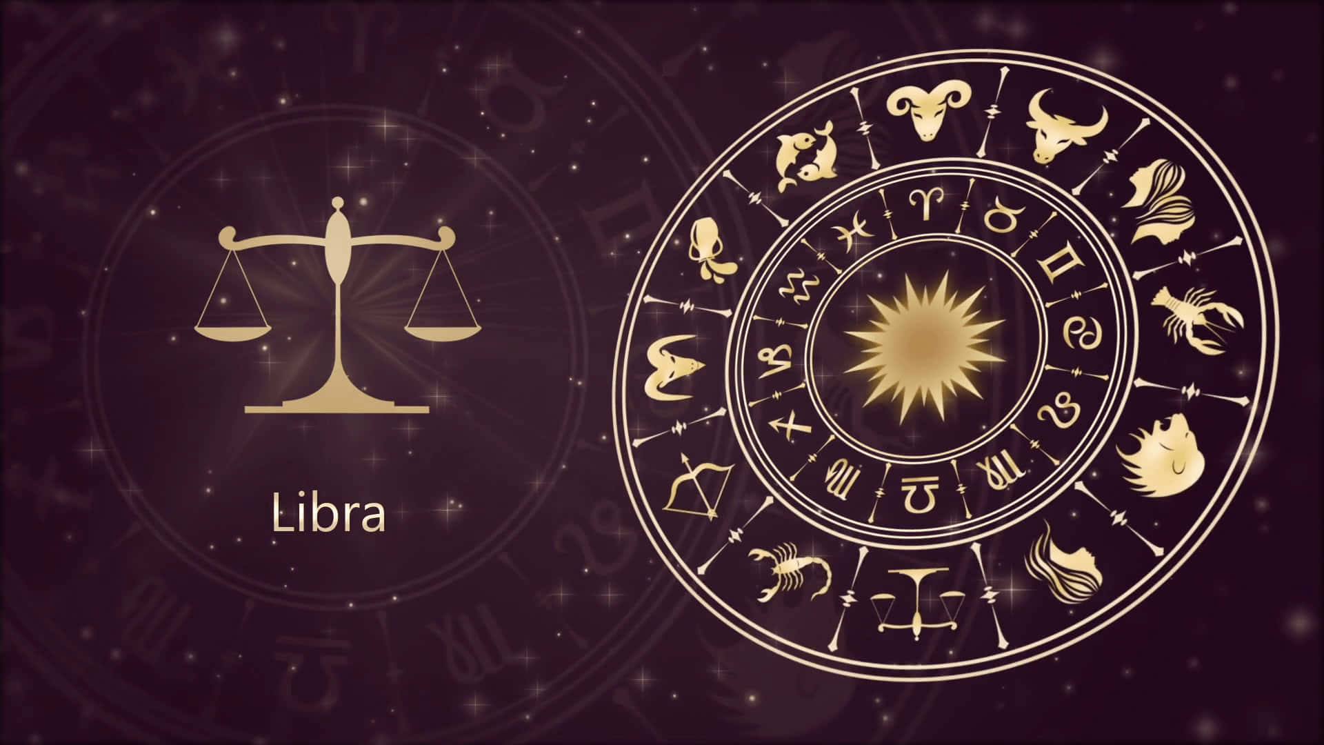 桌布 壁紙 — 金色黃道輪及天秤座符號在星光點點的紫色宇宙背景中發光。