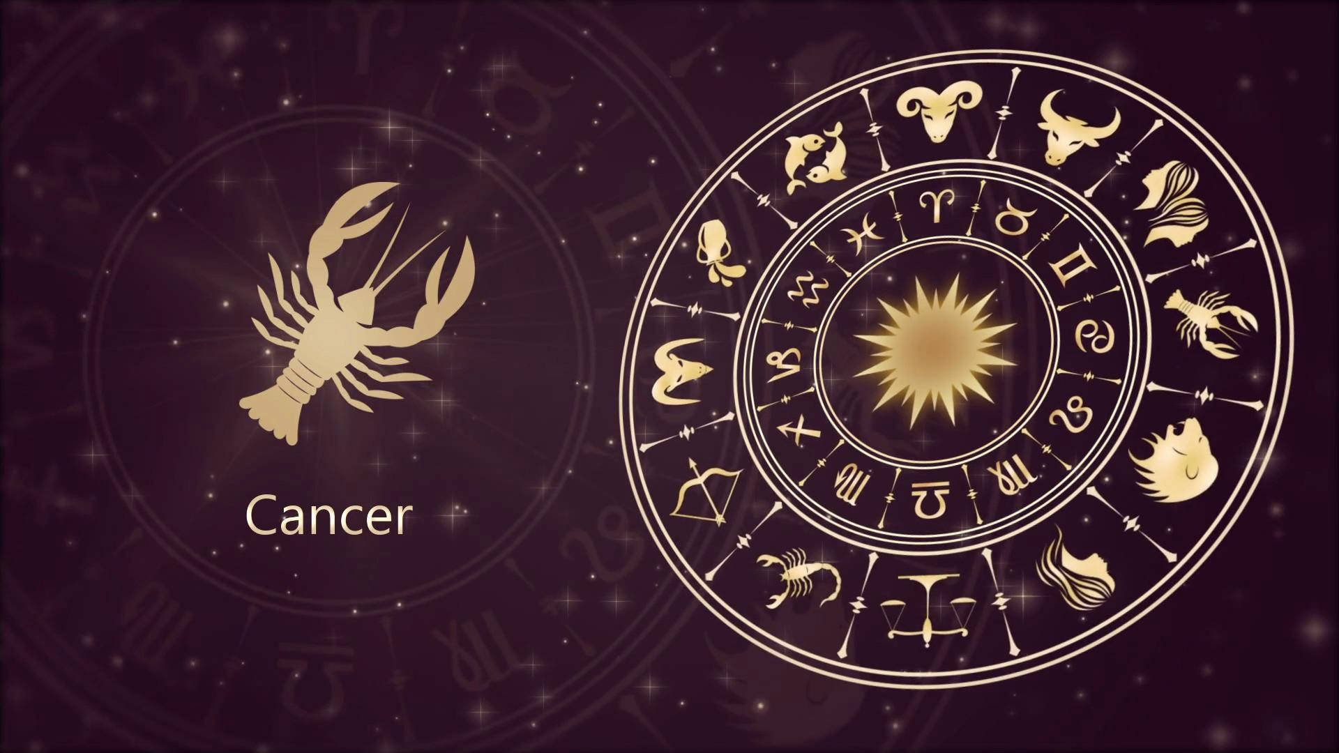 zodiac 桌布 壁紙 — 金色黃道輪和巨蟹座符號在星光點點的紫色宇宙背景上發光。