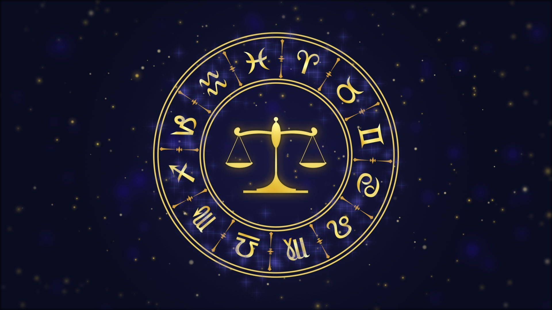 Horoscope 桌布 壁紙 — 金色黃道輪盤，中央天秤座天平在繁星宇宙夜空中閃耀。