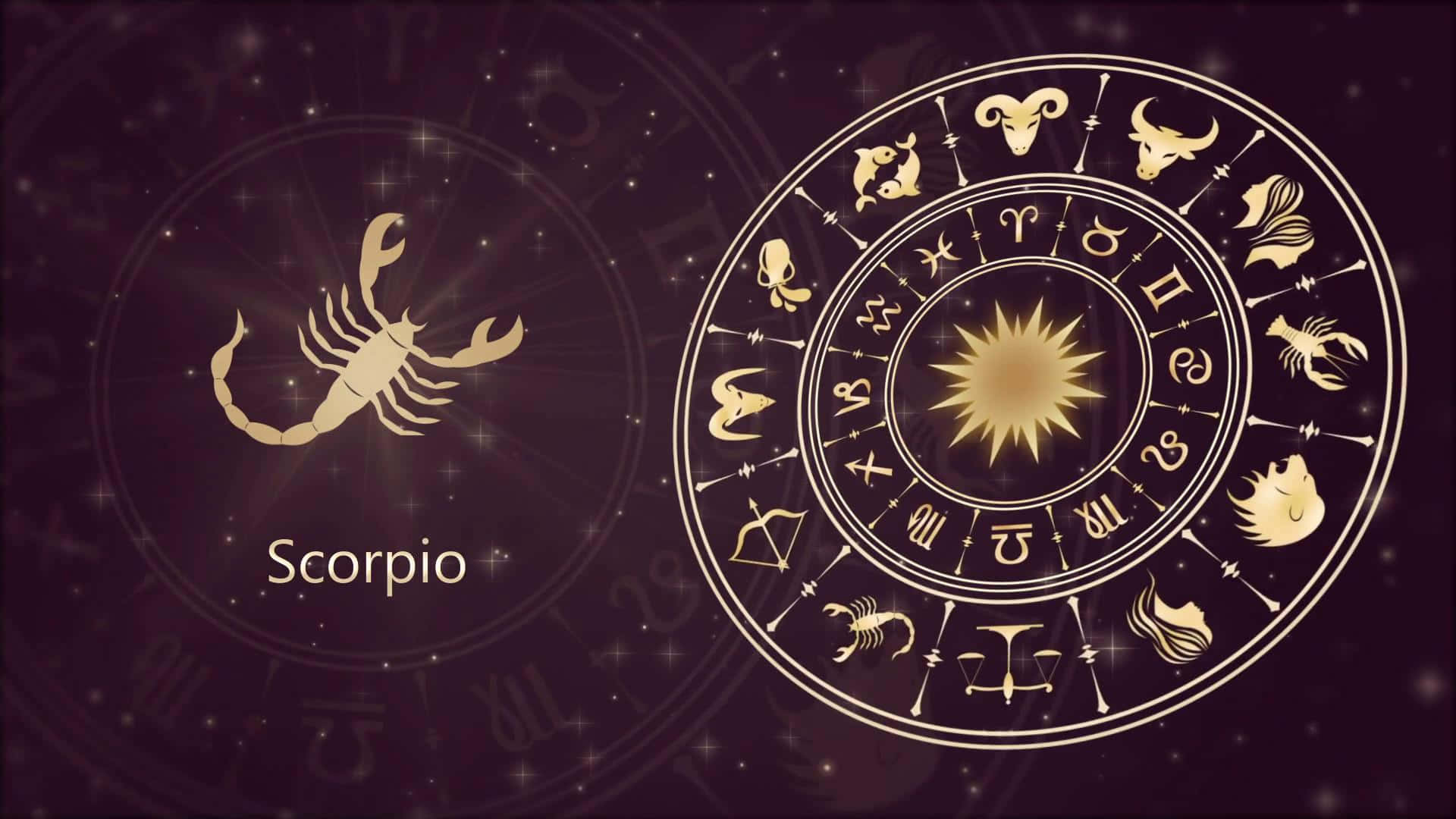 Scorpio 桌布 壁紙 — 金色黃道輪盤，天蠍座符號在星光閃爍的深紫色宇宙背景中發光。