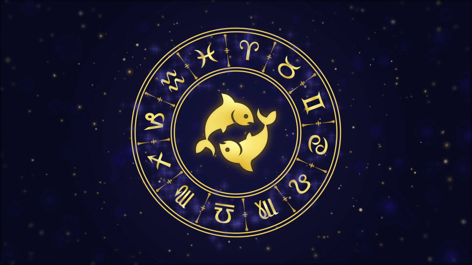 雙魚座 桌布 壁紙 — 金色黃道輪盤，雙魚座符號居中，背景為繁星點點的深藍宇宙。
