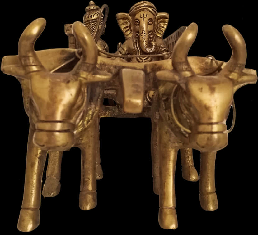Hindu God 桌布 壁紙 — 金色黃銅象頭神像坐在由兩頭華麗公牛雕像拉動的戰車上，背景為黑色。