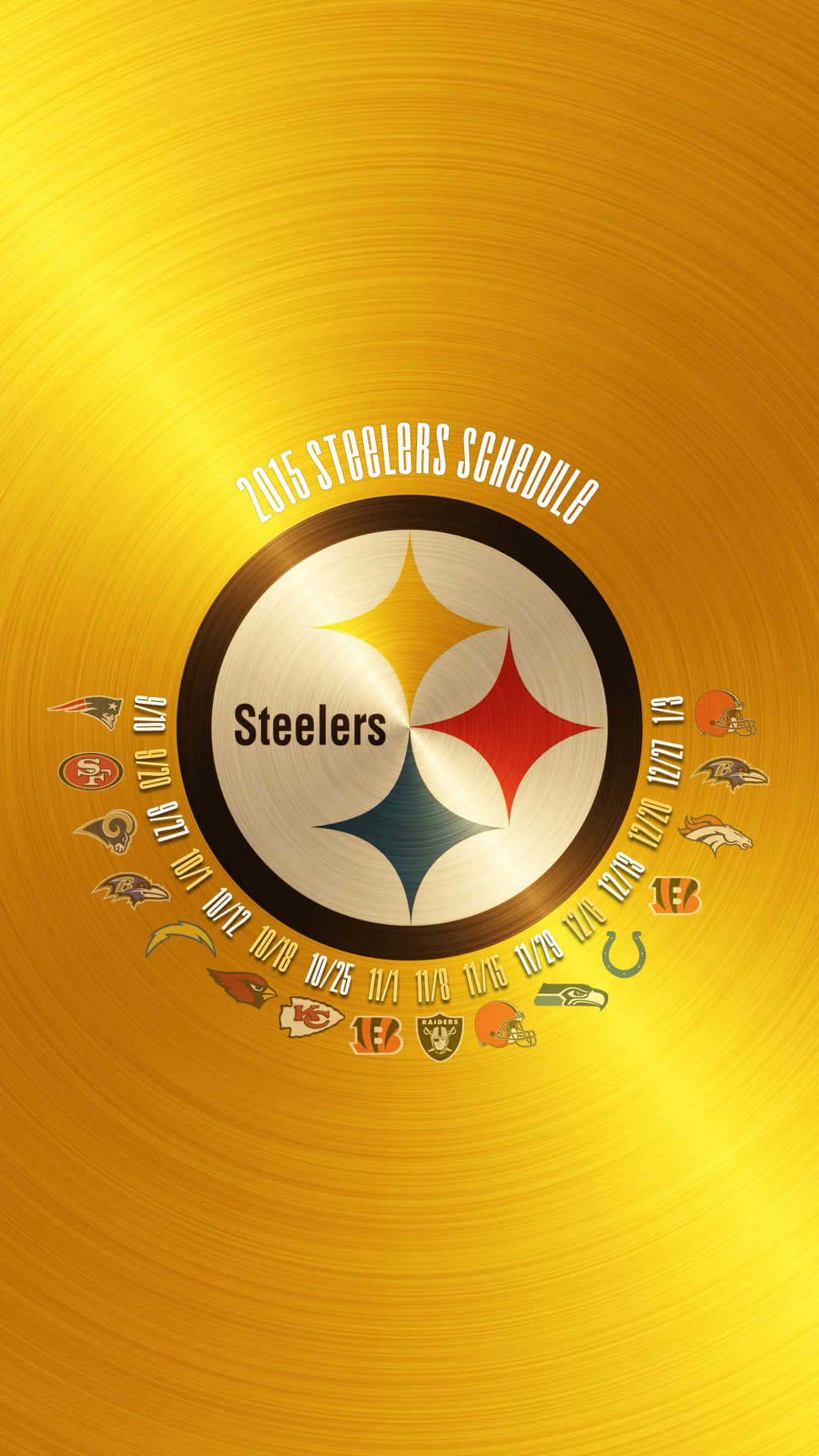 Steelers iPhone 桌布 壁紙 — 金色黑膠唱片桌布，印有匹茲堡鋼人隊標誌及2015年賽程表，附有對手球隊標誌。