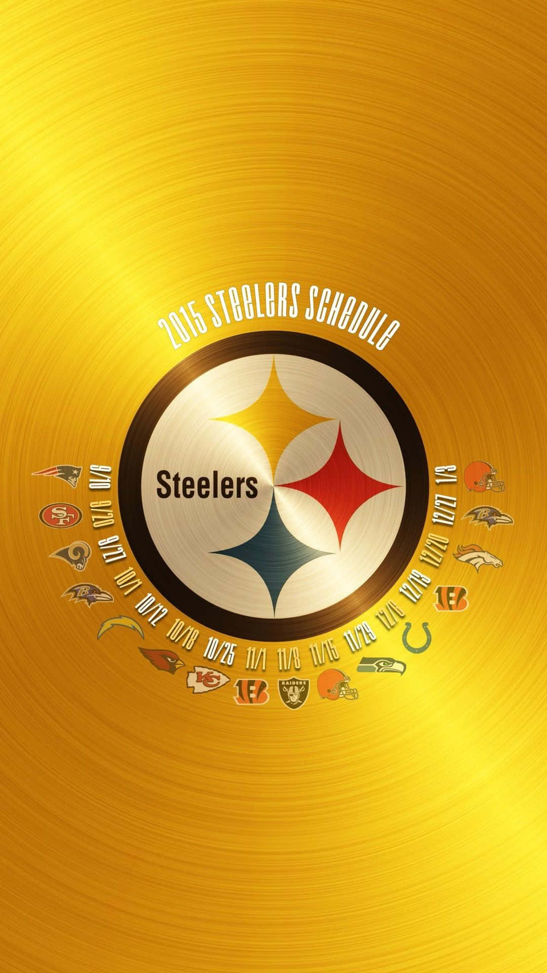 Steelers Phone 桌布 壁紙 — 金色黑膠唱片桌布，印有匹茲堡鋼人隊標誌及2015年NFL賽程，並附有對手球隊標誌。
