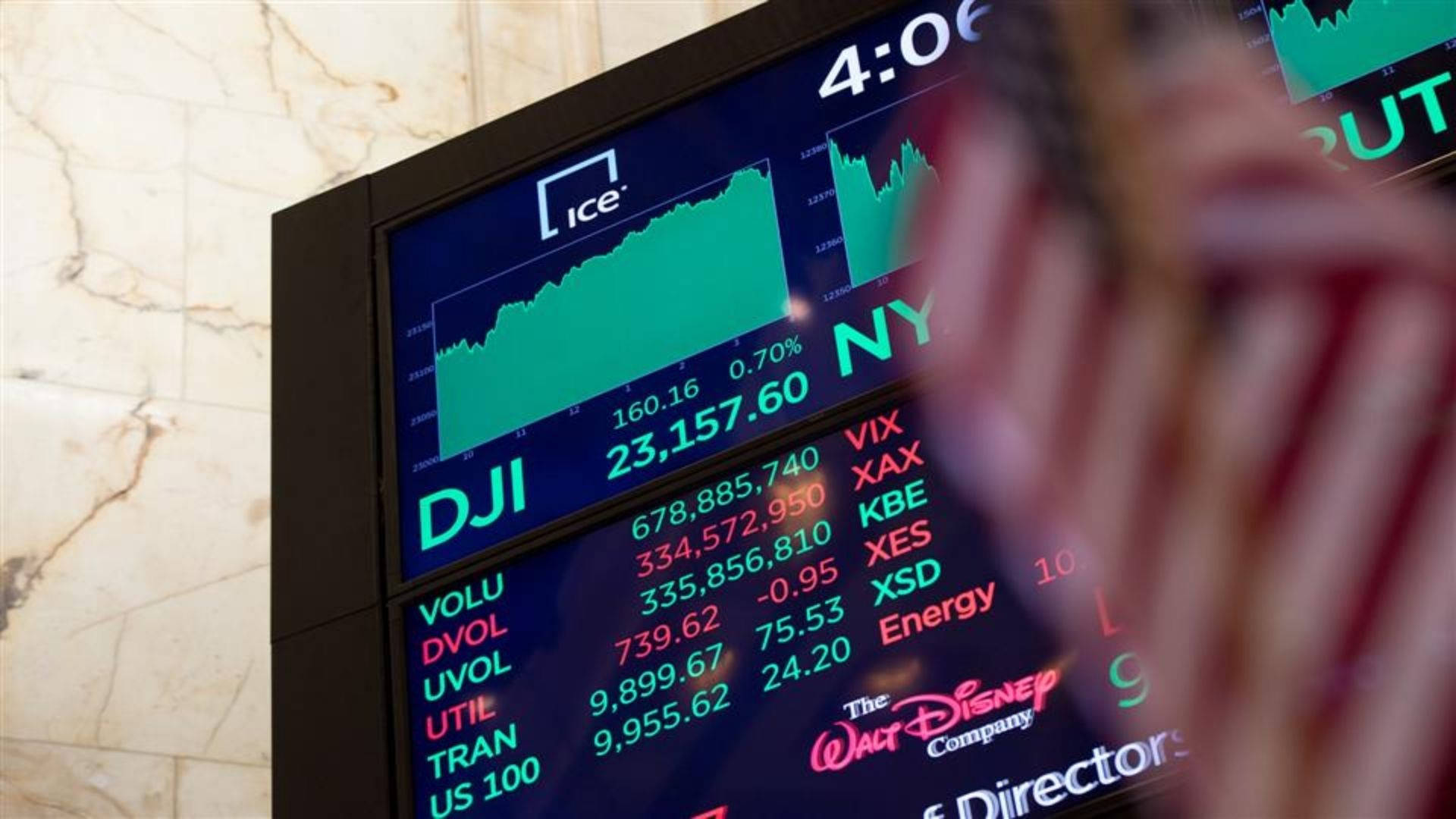 Dow 桌布 壁紙 — 金融交易螢幕的特寫，顯示道瓊工業平均指數和其他股票代碼，前景有模糊的美國國旗。