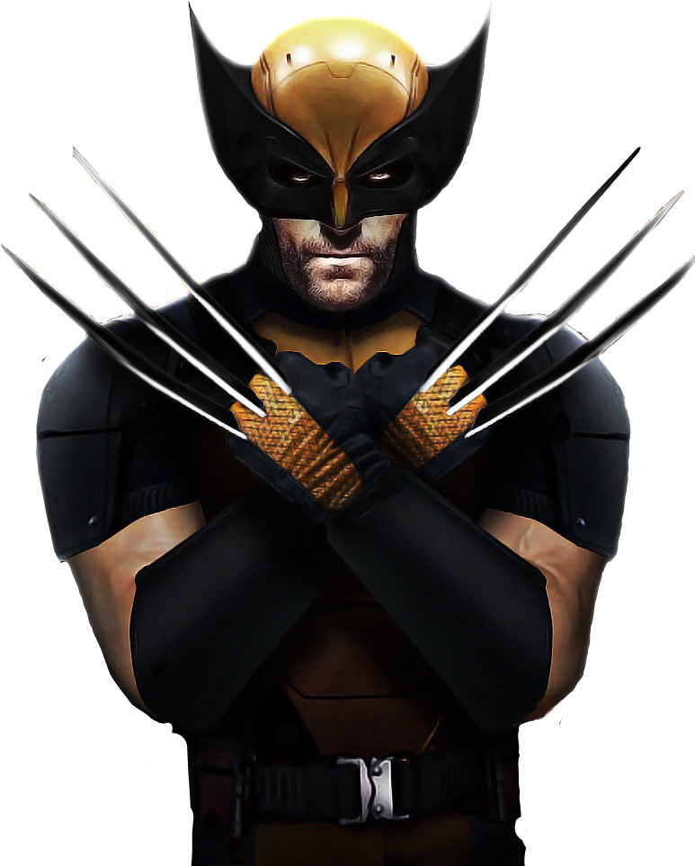 Clip Art 桌布 壁紙 — 金鋼狼（Wolverine）以兇猛的姿勢站立，爪子伸出，背景為黑色，戴著標誌性的面具和裝甲服。