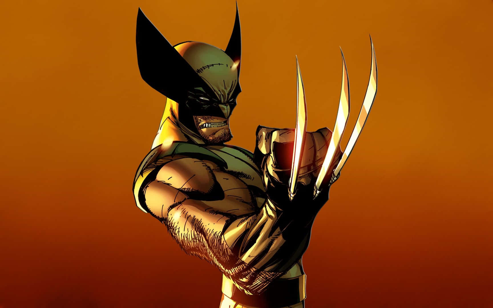 桌布 壁紙 — 金鋼狼（Wolverine）以兇猛的姿態站立，爪子伸出，背景是溫暖的橙色漸變。