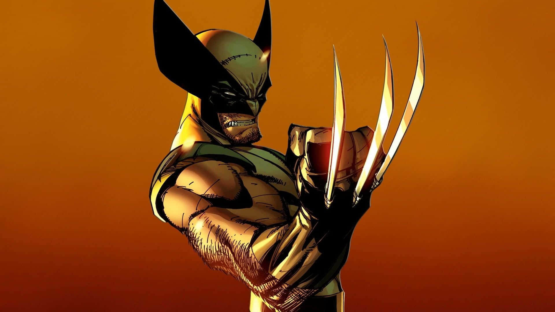 Adamantium 桌布 壁紙 — 金鋼狼（Wolverine）以兇猛的姿勢站立，爪子伸出，背景為溫暖的橙色漸變。