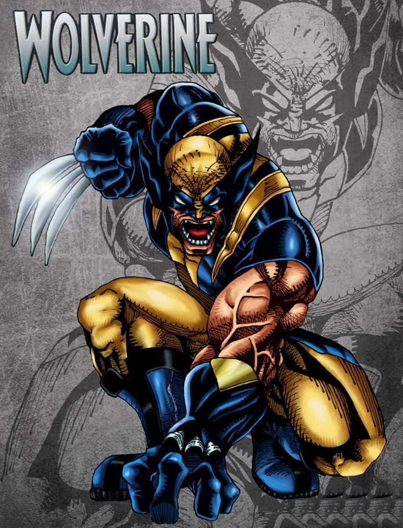 金鋼狼 桌布 壁紙 — 金鋼狼（Wolverine）以兇猛的戰鬥姿勢蹲下，伸出利爪，背景粗糙，帶有他的頭骨。