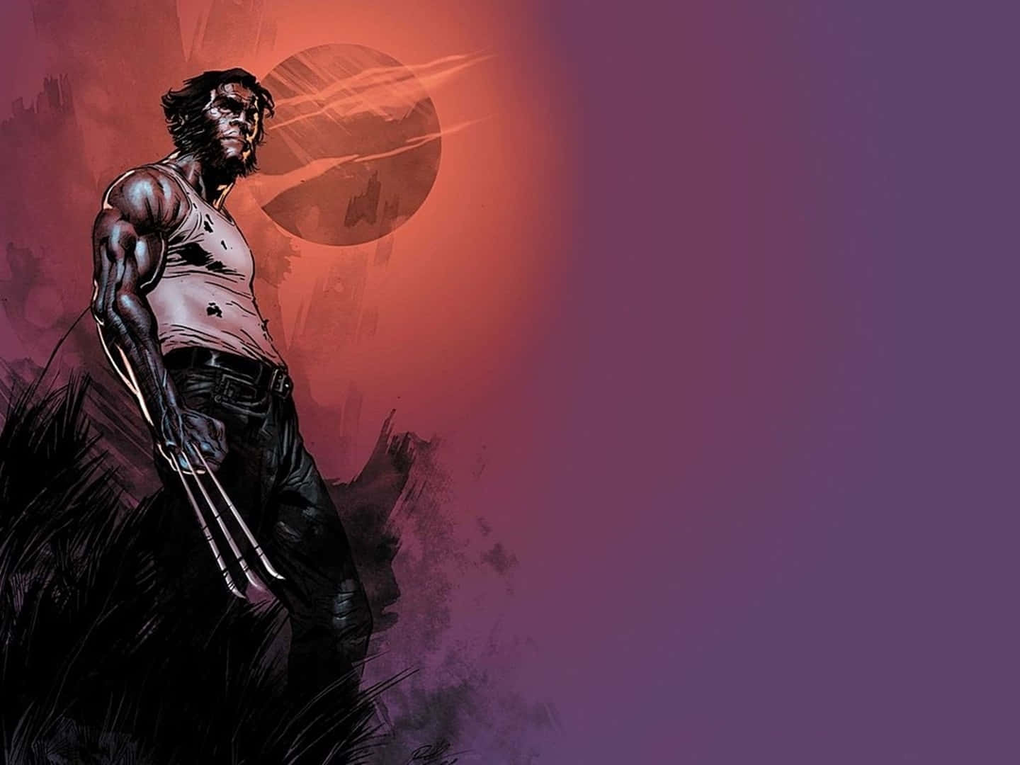 金鋼狼 桌布 壁紙 — 金鋼狼（Wolverine）以剪影姿態站立，背景是火熱的橙色和紫色日落，爪子伸出。