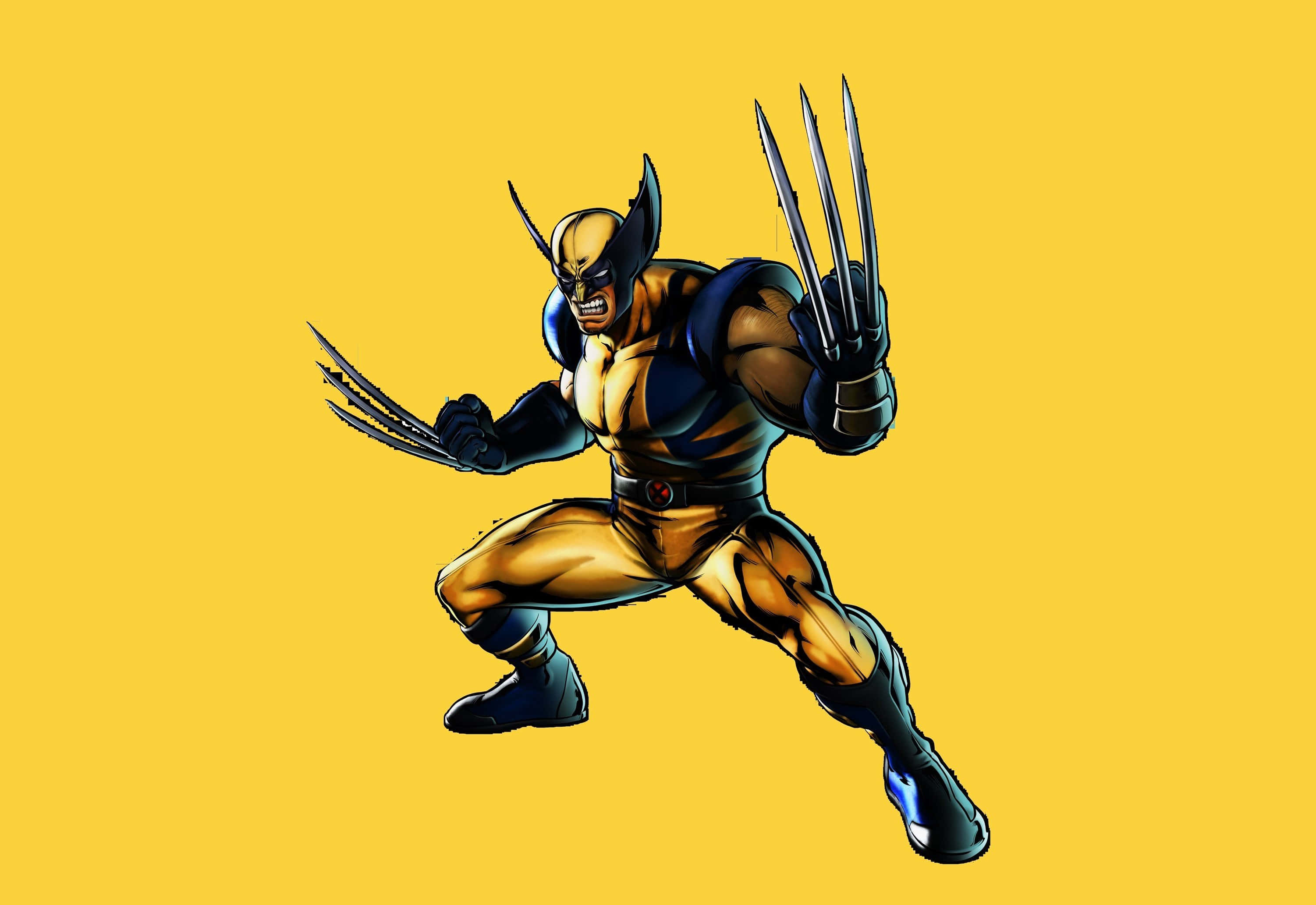 金鋼狼 桌布 壁紙 — 金鋼狼（Wolverine）以經典漫畫姿勢伸出利爪，背景為純黃色。