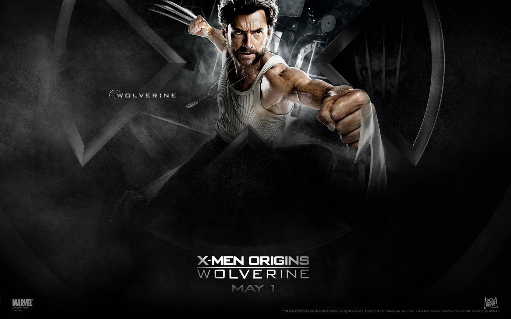 X 桌布 壁紙 — 金鋼狼（Wolverine）向前猛衝，爪子伸出，出現在《X戰警：金鋼狼》的黑暗煙霧電影海報中。