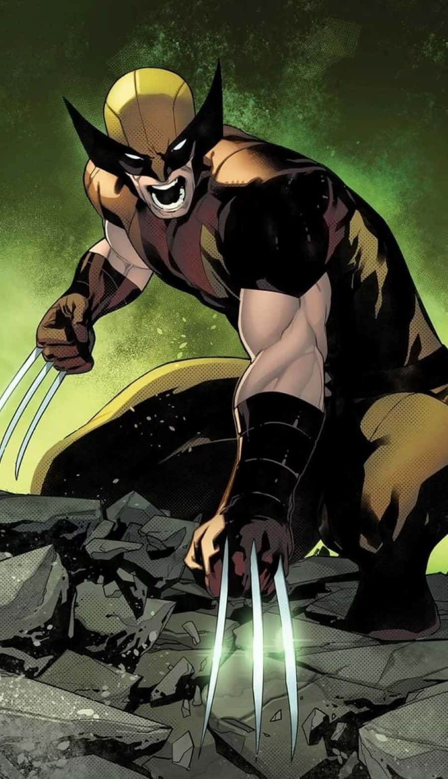 Adamantium 桌布 壁紙 — 金鋼狼（Wolverine）在破碎的石頭上咄咄逼人地蹲伏，發光的爪子伸出，背景是綠色煙霧繚繞。