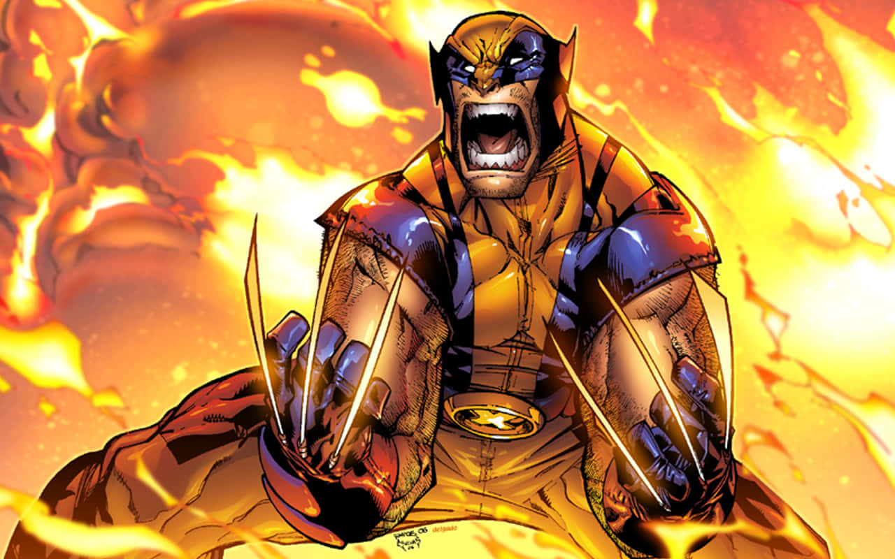 Marvel Profile 桌布 壁紙 — 金鋼狼咆哮，伸出利爪，背景是熾熱的橙色和黃色爆炸。