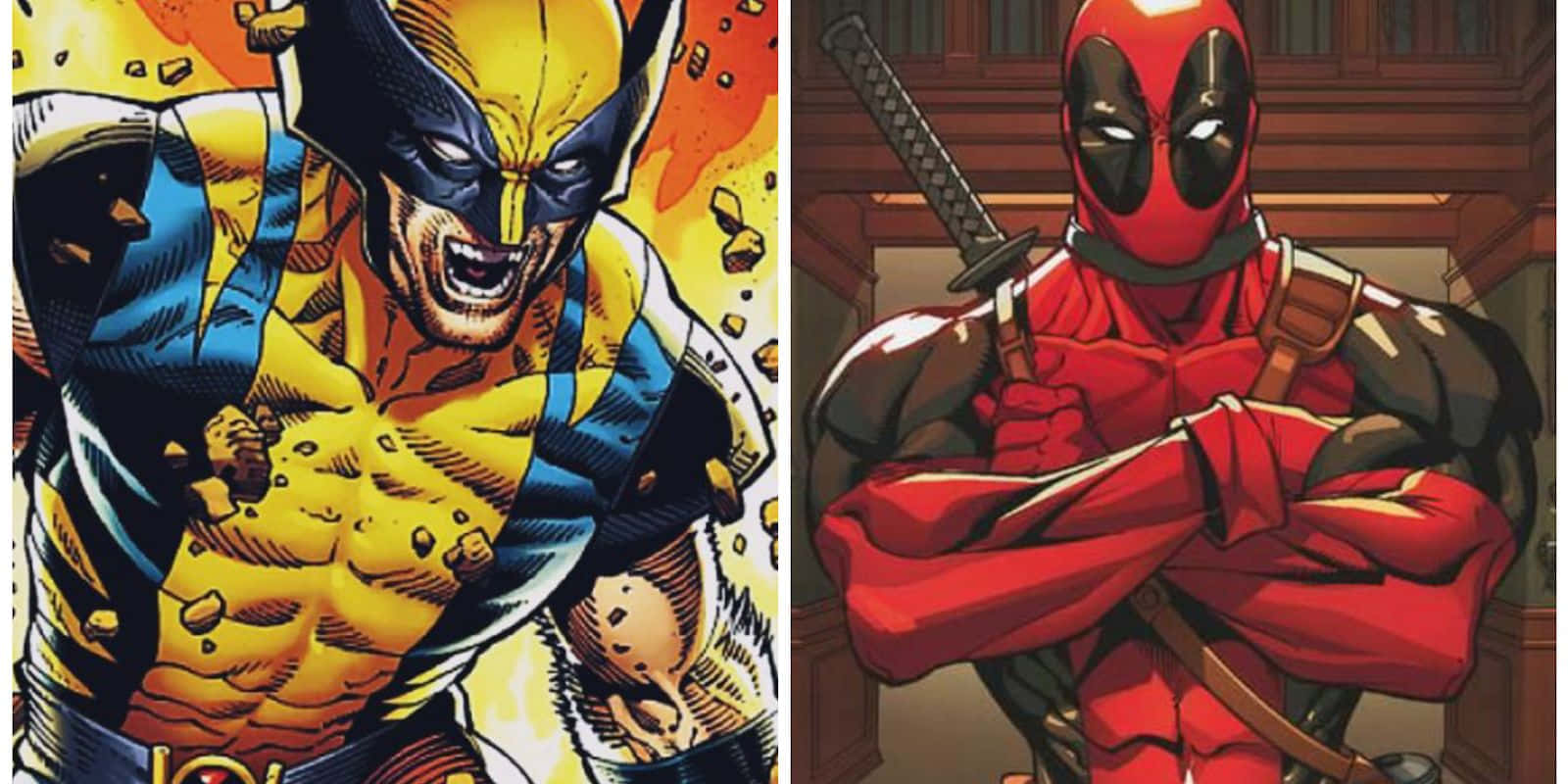 Deadpool And Wolverine 桌布 壁紙 — 金鋼狼咆哮，利爪伸出，背景是火焰，旁邊的死侍自信地交叉雙臂，背上背著一把武士刀。
