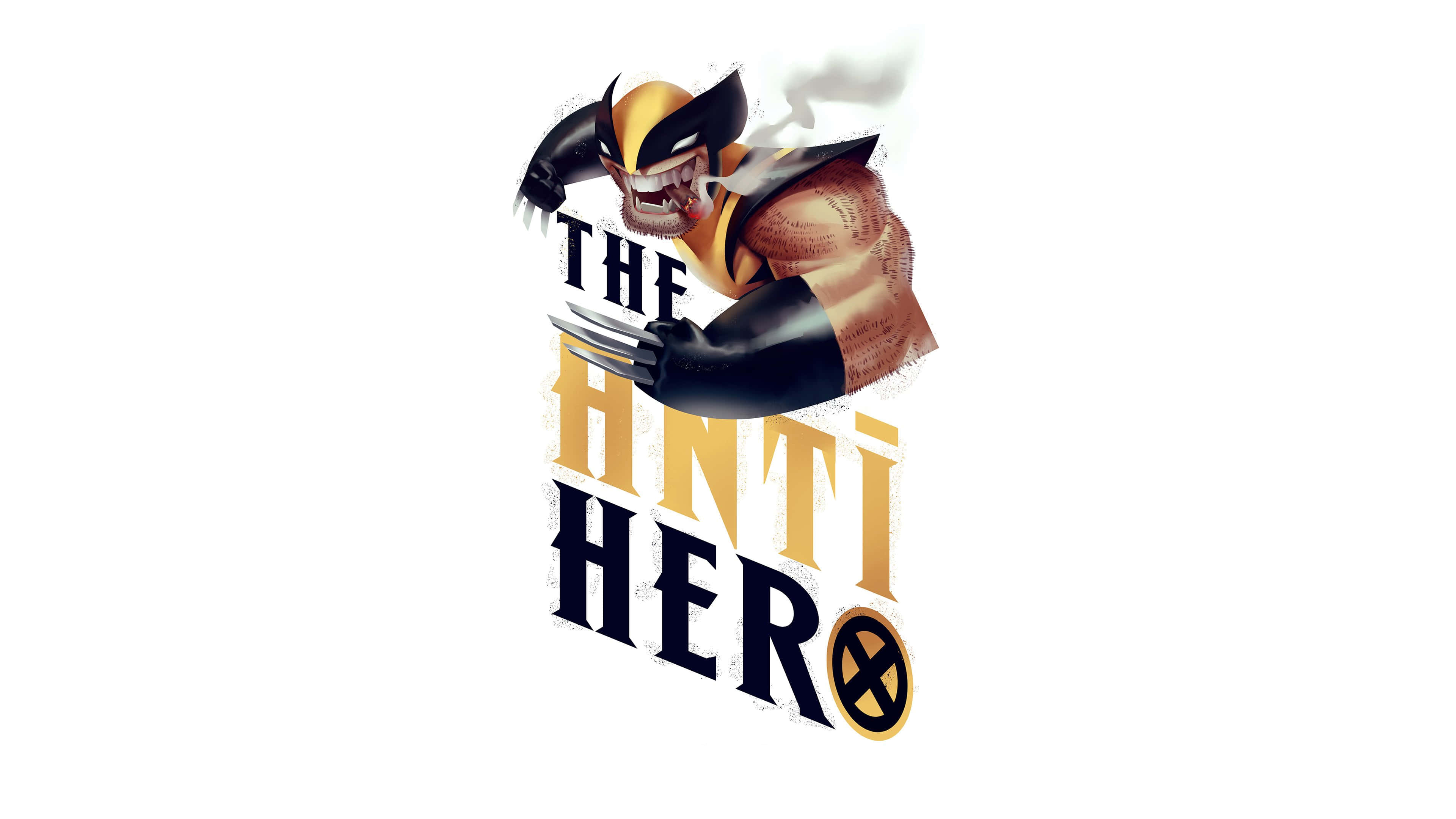 Anti-hero 桌布 壁紙 — 金鋼狼咆哮，爪子伸出，背景為純白色，粗體文字與X-Men標誌一同宣稱他為「The Anti Hero」。