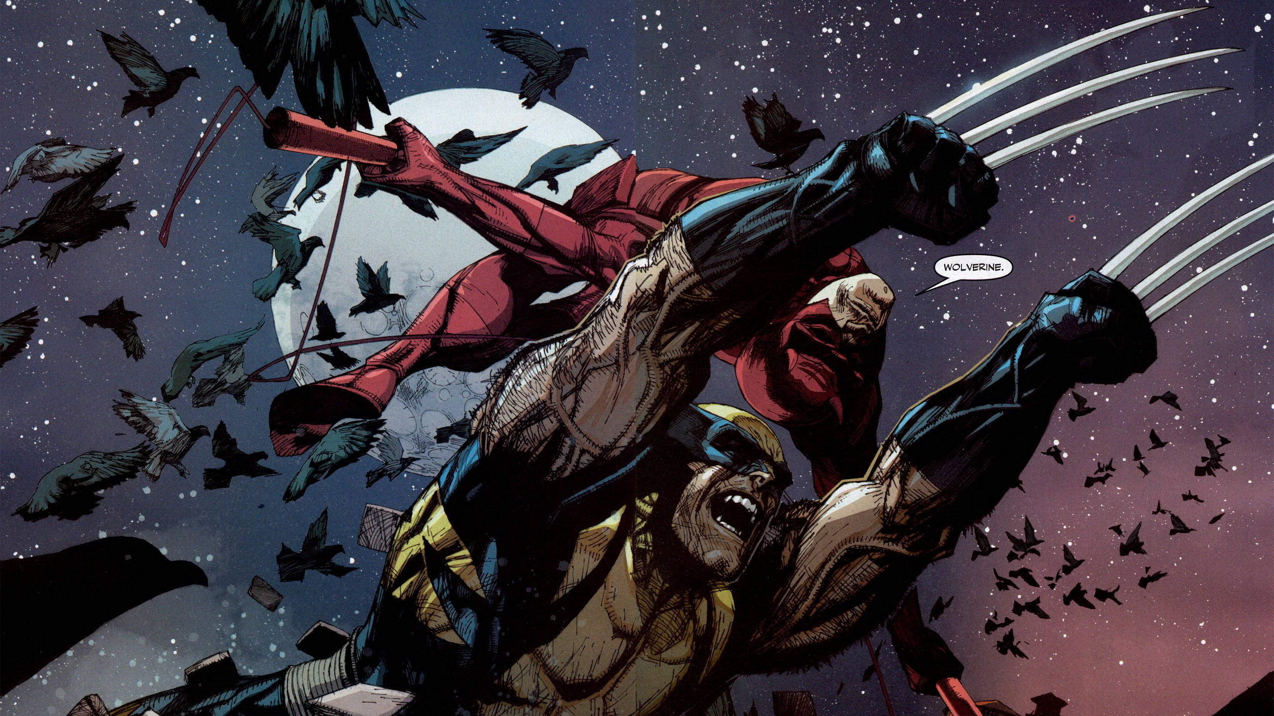 Wolverine 桌布 壁紙 — 金鋼狼在滿月背景下，伸出爪子，穿過繁星點點的夜空，烏鴉在他周圍飛舞。