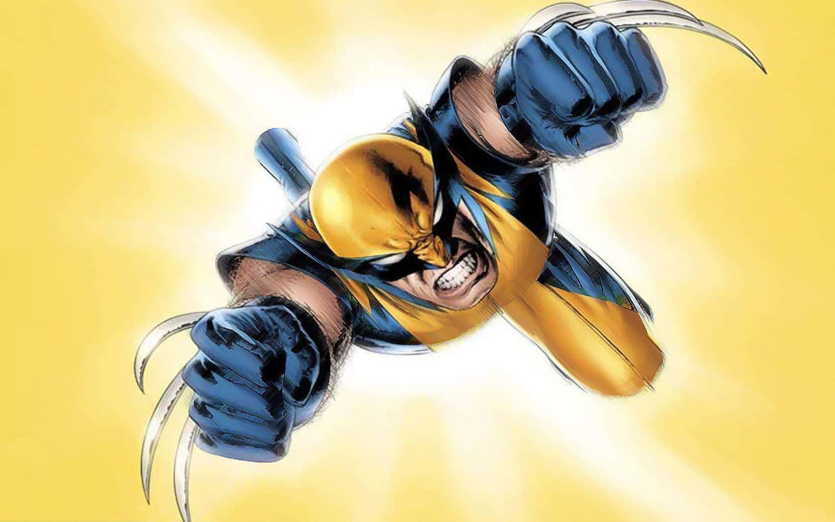 Adamantium 桌布 壁紙 — 金鋼狼在耀眼的黃色背景前伸出利爪向前躍進，呈現動感漫畫藝術風格。