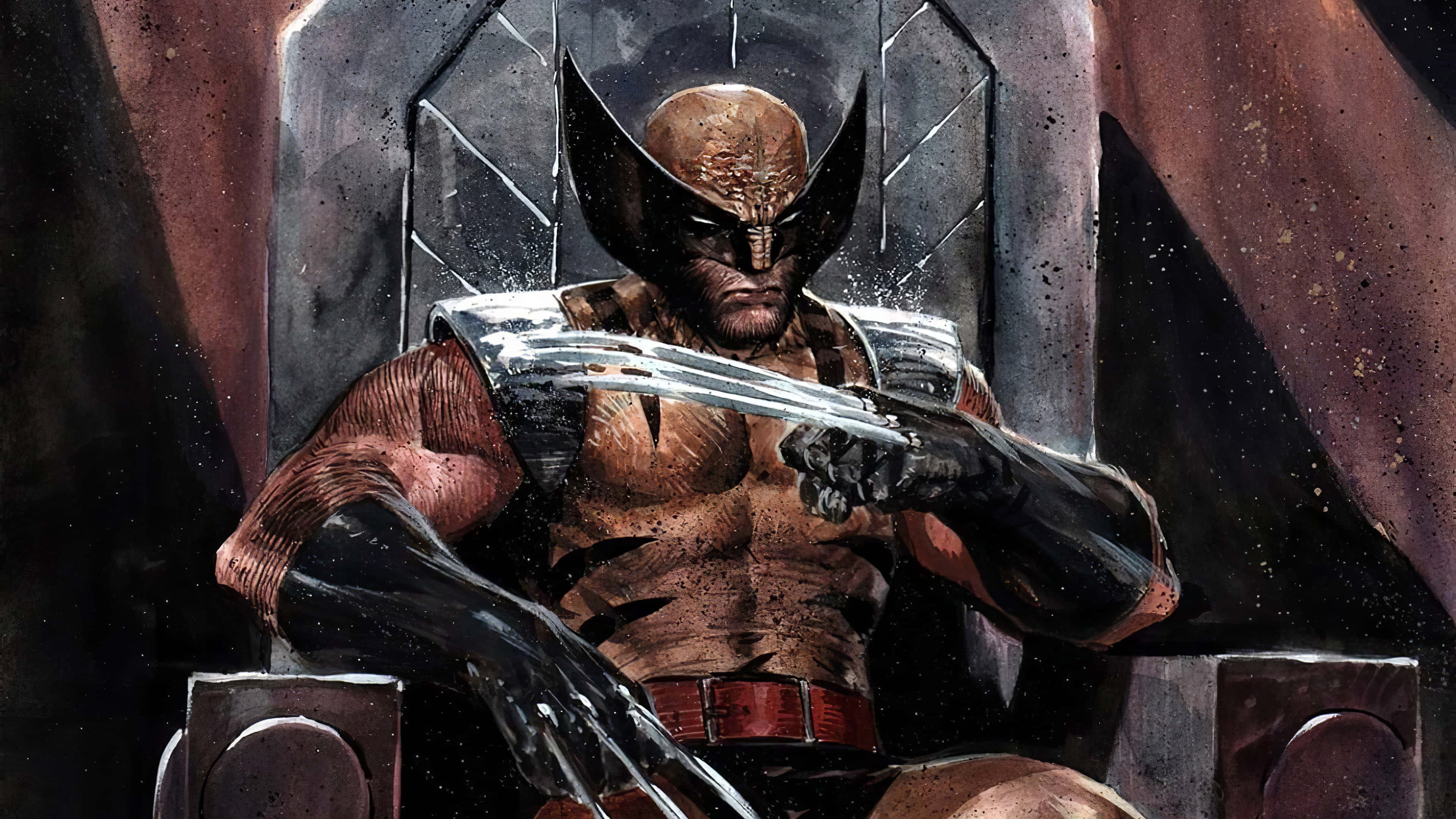 Adamantium 桌布 壁紙 — 金鋼狼坐在王座般的椅子上，伸出利爪，戴著標誌性面具和亞德曼金屬爪，呈現 gritty 漫畫風格。