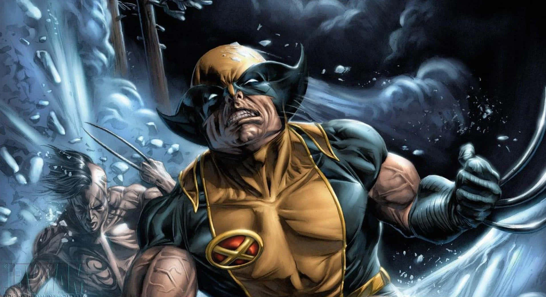 Adamantium 桌布 壁紙 — 金鋼狼穿著黃黑色 X-Men 戰衣，在碎裂的冰塊和瓦礫中咆哮，構成動態漫畫動作場景。