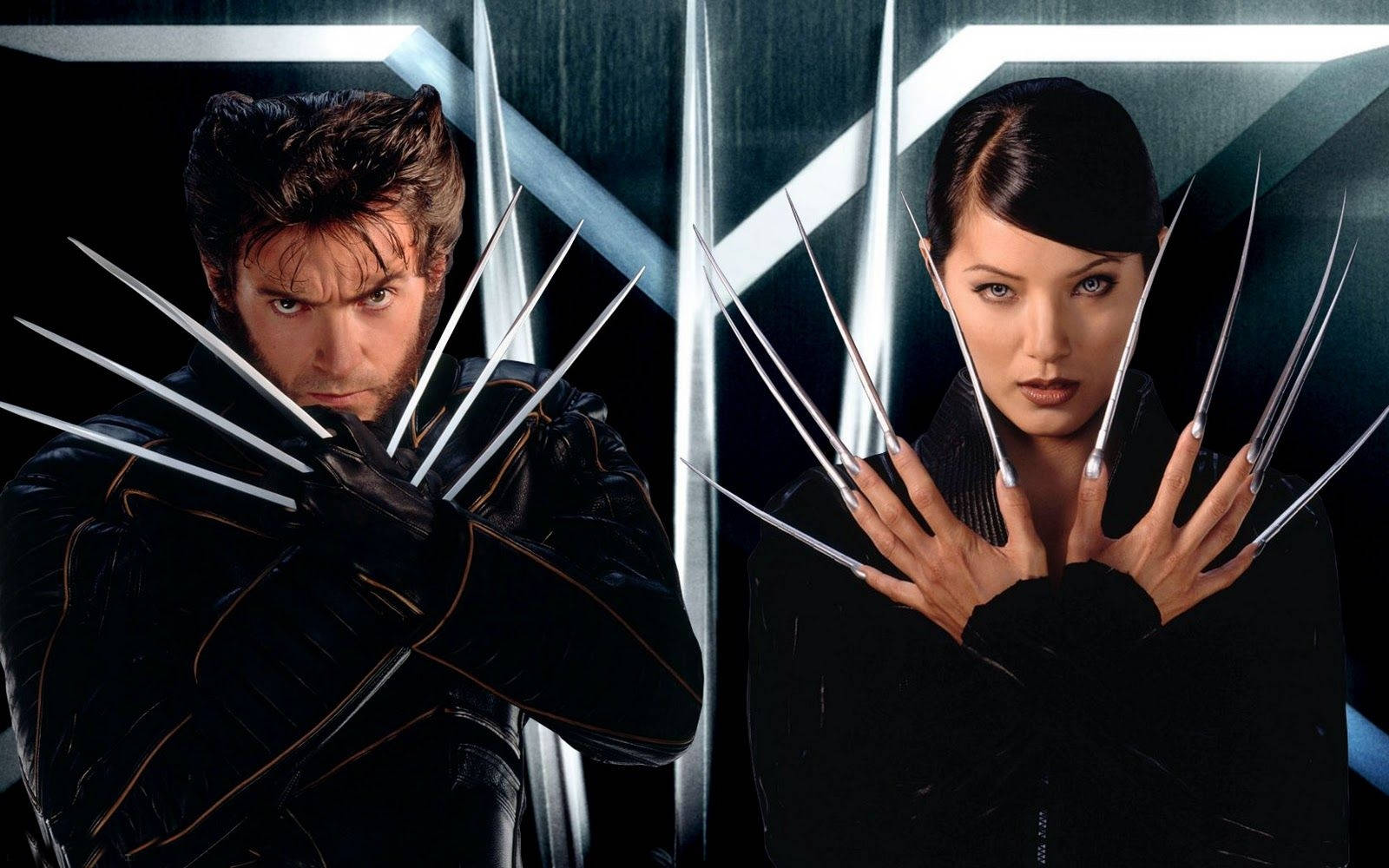 Wolverine 桌布 壁紙 — 金鋼狼與死亡女站在深色幾何背景前，伸出金屬爪蓄勢待發。