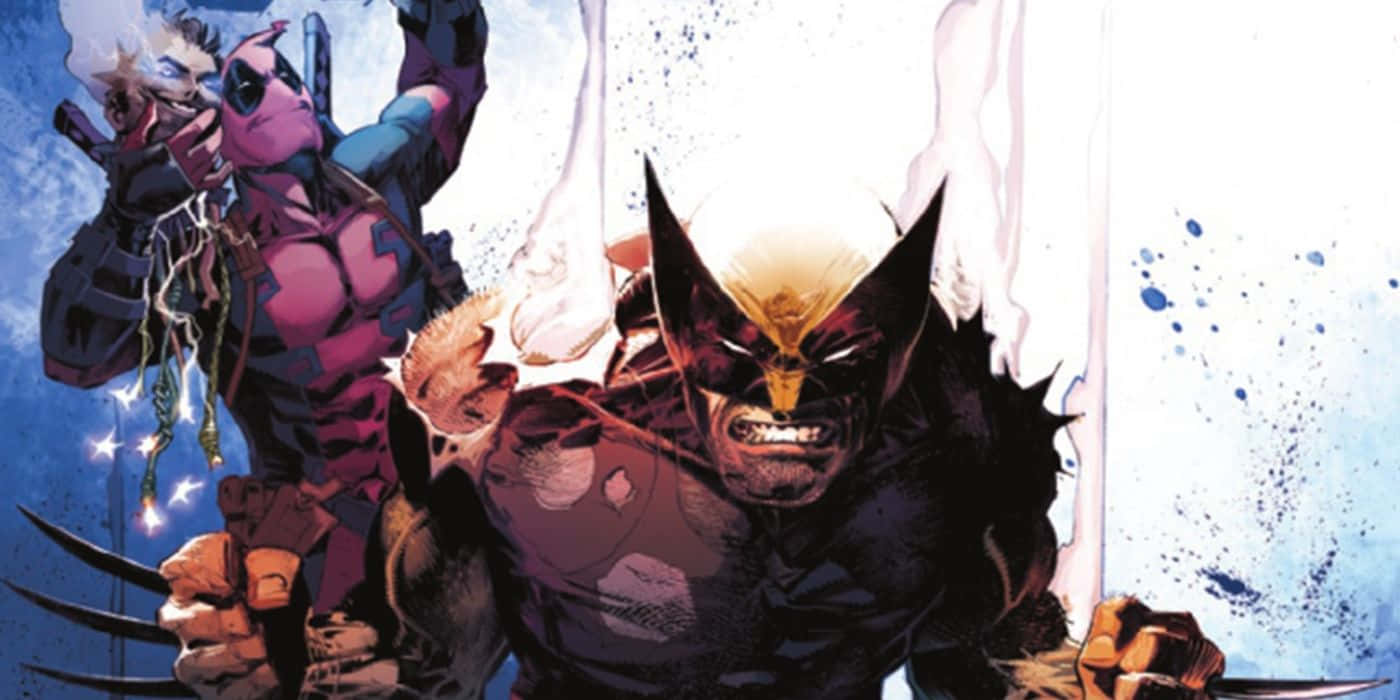 Deadpool And Wolverine 桌布 壁紙 — 金鋼狼與死侍在一個動態的漫畫書面板中衝突，利爪伸出，電火花四濺。