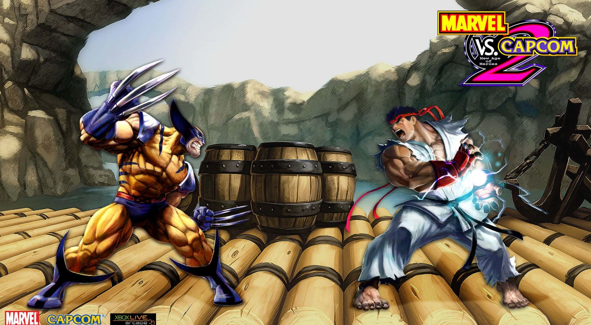 Marvel Vs Capcom 桌布 壁紙 — 金鋼狼與隆在竹木上以動態戰鬥姿勢交鋒，背景有木桶和岩石峭壁。