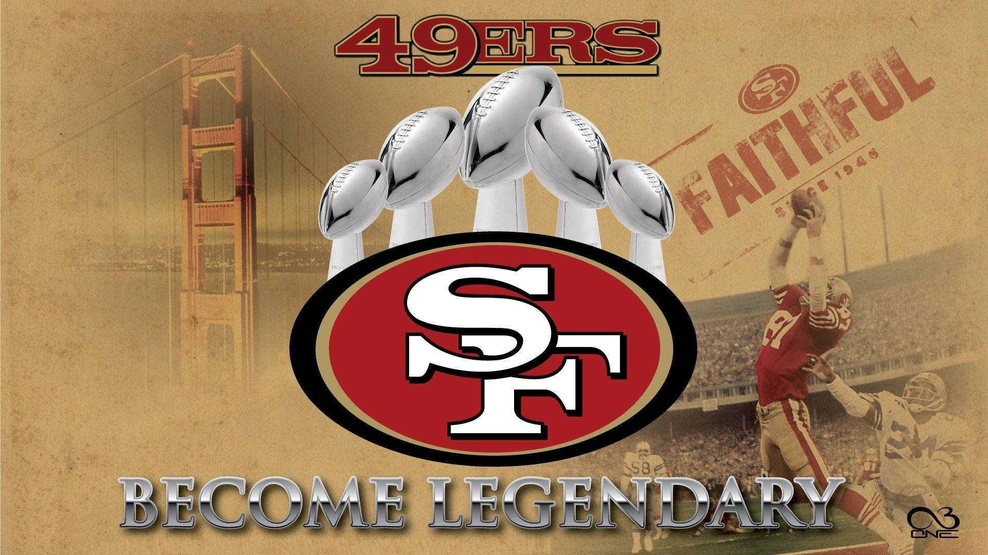 49ers 桌布 壁紙 — 金門大橋背景，舊金山49人隊標誌和疊起的超級碗獎盃，慶祝傳奇美式足球傳統。