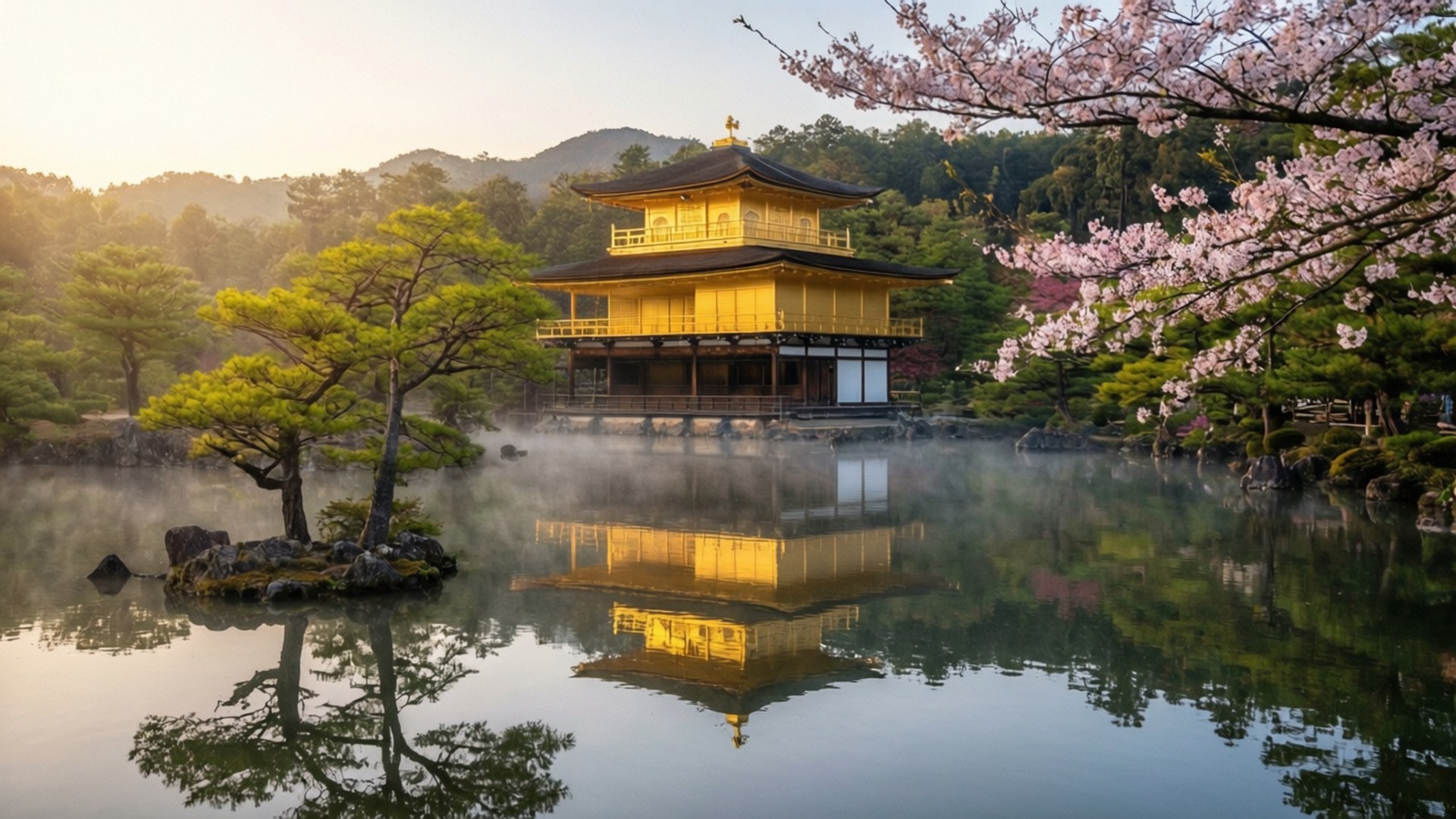 日出時分的金閣寺，櫻花盛開，倒影映照
