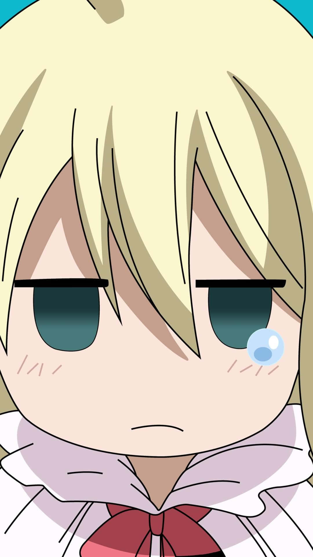 lucy heartfilia 桌布 壁紙 — 金髮、臉頰上有一滴眼淚、穿著白色領子和紅色蝴蝶結的Q版動漫女孩特寫。