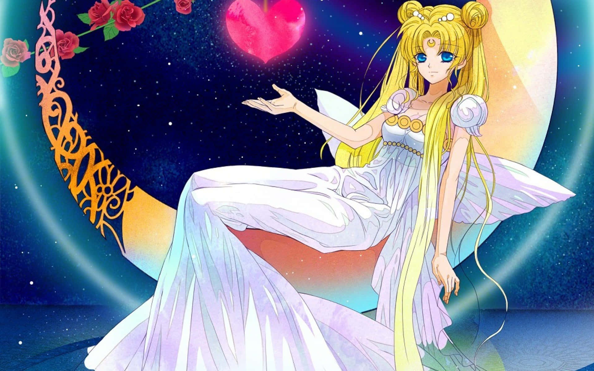 sailor moon crystal 桌布 壁紙 — 金髮動漫公主優雅地坐在新月上，在星空下拿著一個發光的粉紅色愛心。