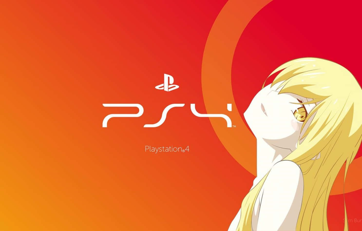 金髮動漫女孩在紅橙色漸變背景上，旁邊是 PlayStation 4 標誌。 — Ps4 壁紙
