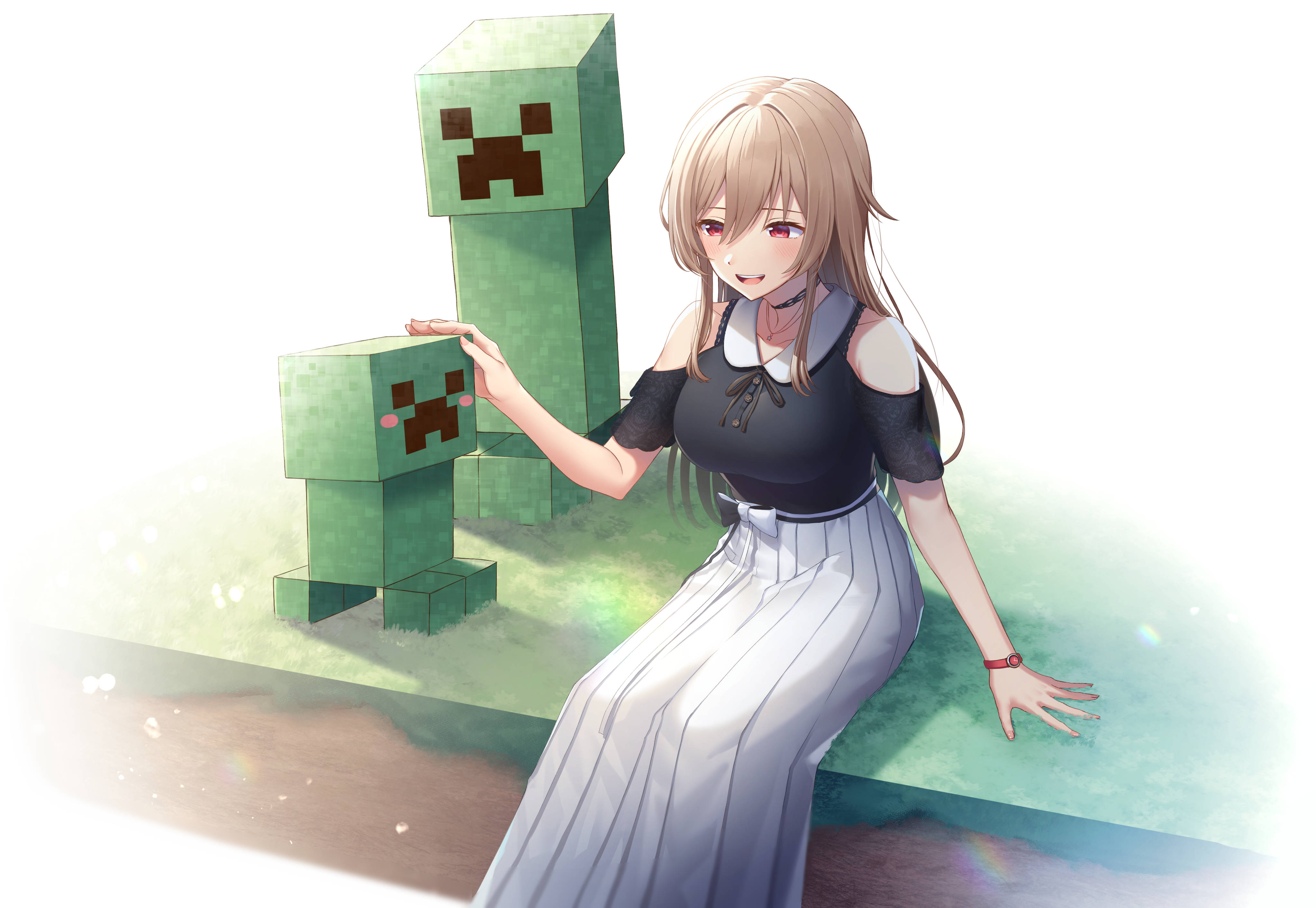 Creeper 桌布 壁紙 — 金髮動漫女孩在明亮發光的場景中輕輕觸摸兩個綠色像素化的苦力怕。