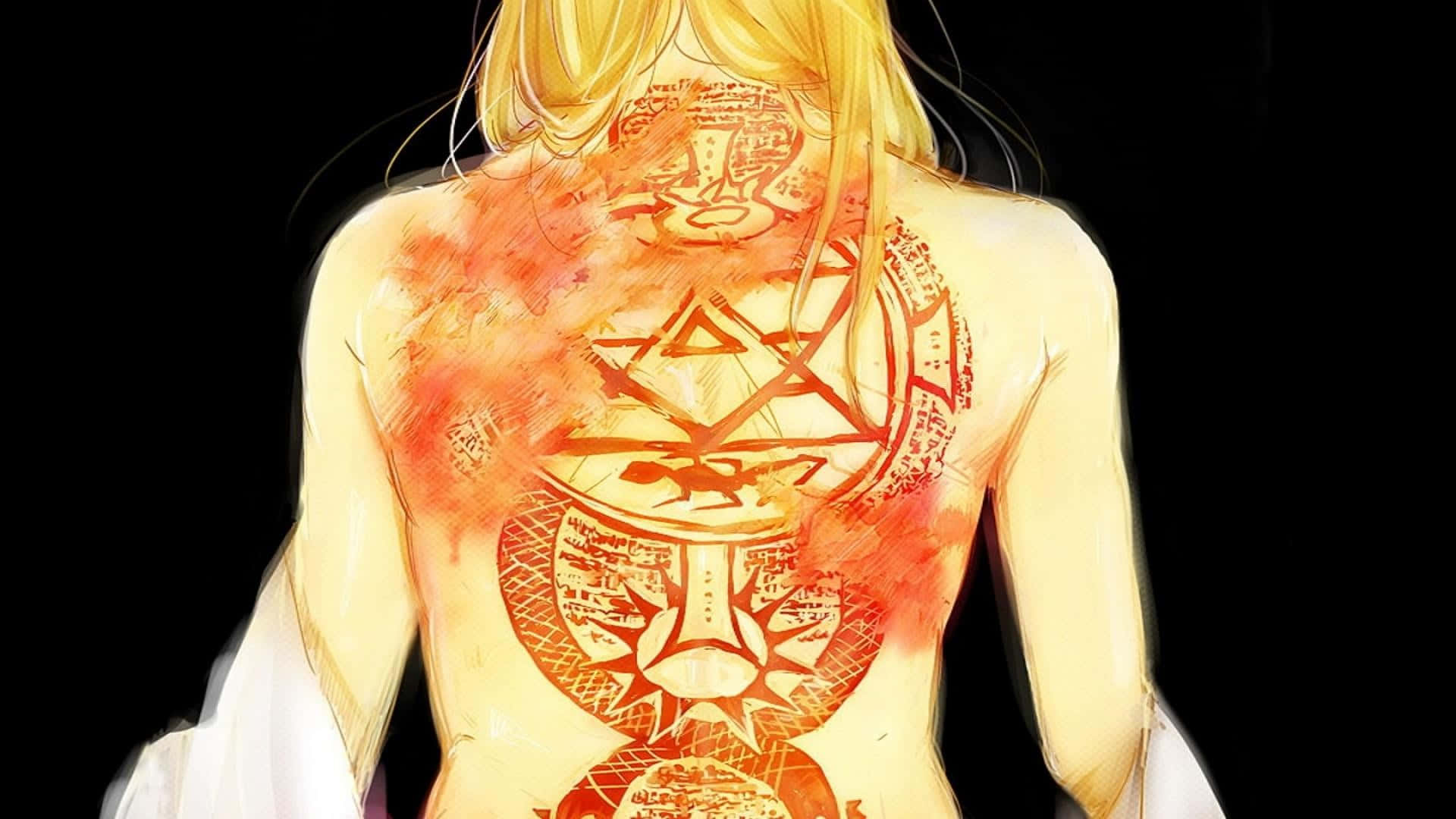Tattoo 桌布 壁紙 — 金髮動漫女孩在黑色虛空中露出背上發光的橙色神秘符號刺青。