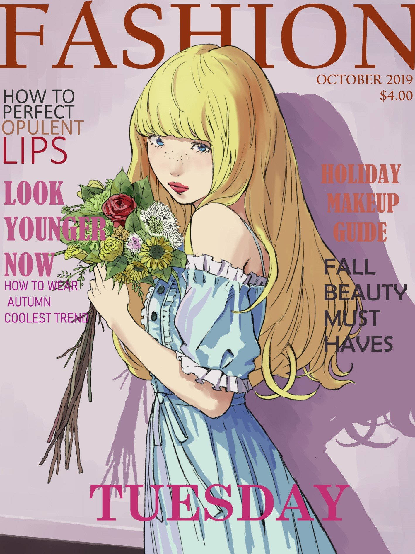 Magazine 桌布 壁紙 — 金髮動漫女孩手持色彩繽紛的花束，時尚雜誌封面帶有粗體文字疊加。