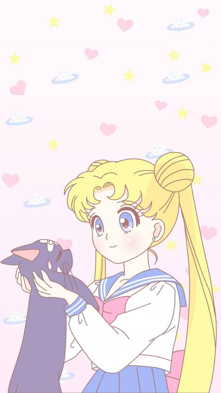 穿著水手服的動漫女孩在滿是心形和星星的天空下擁抱貓咪。 — 粉彩可愛動圖 壁紙