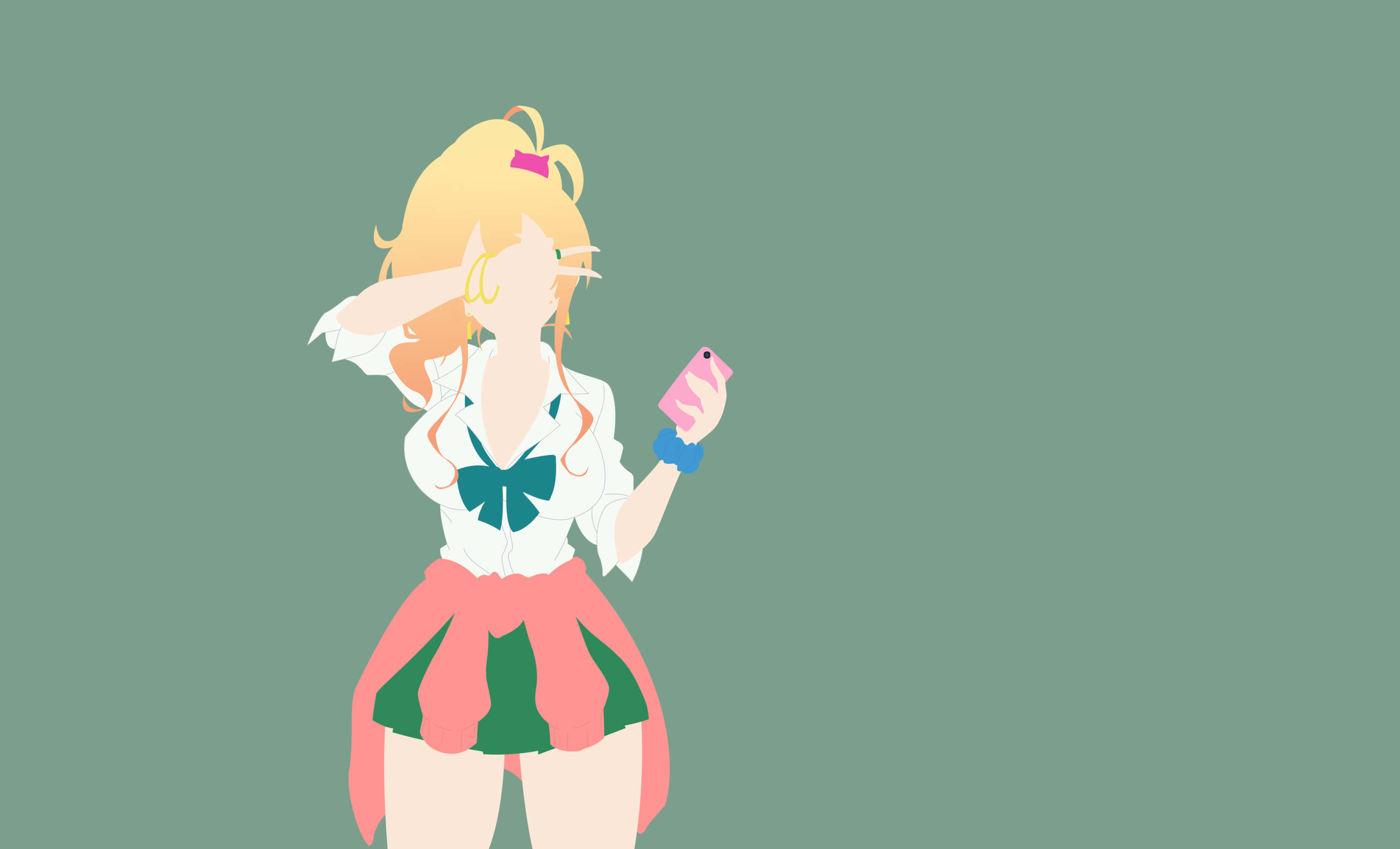 Anime Minimalist 桌布 壁紙 — 金髮動漫女孩穿著水手服，在柔和的綠色背景前拿著粉紅色手機。
