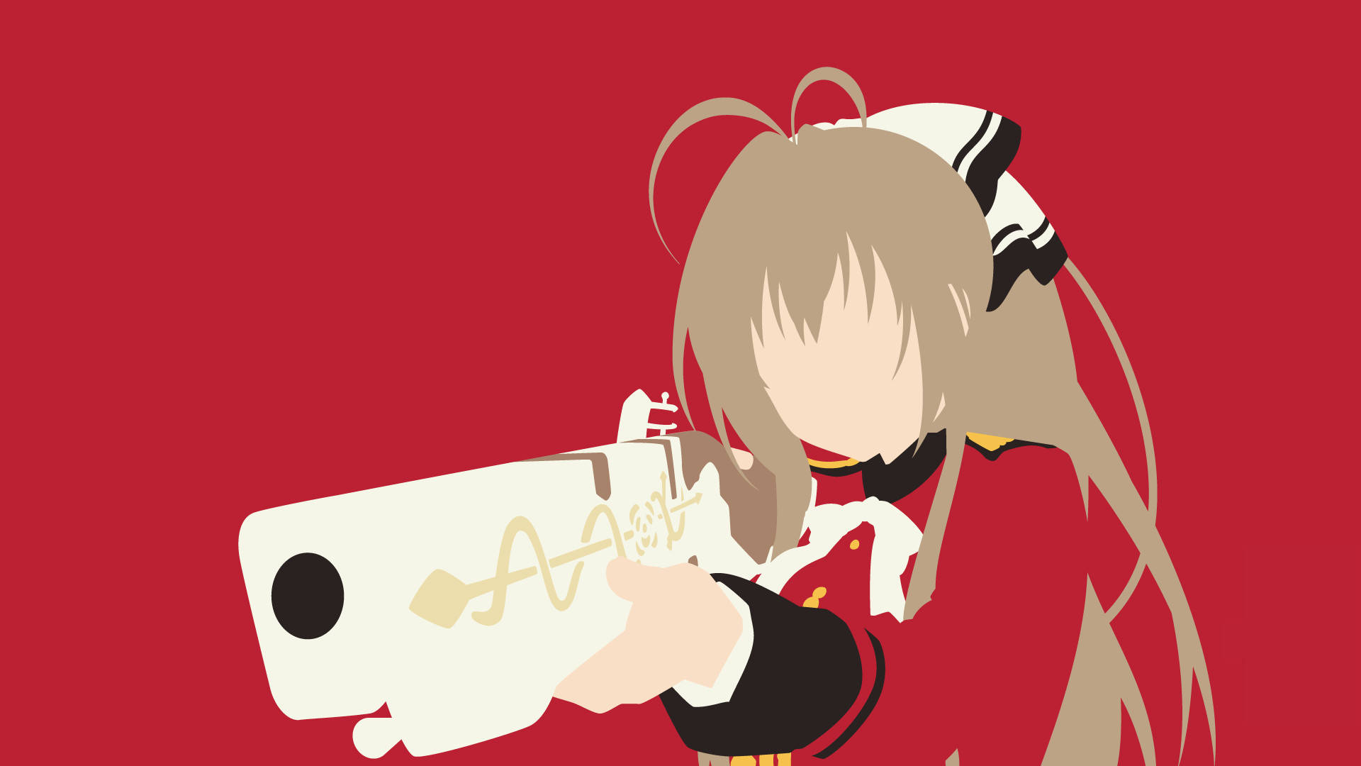 Minimalist Anime 桌布 壁紙 — 金髮動漫女孩穿著紅色制服，在純紅色背景前手持白色武器。