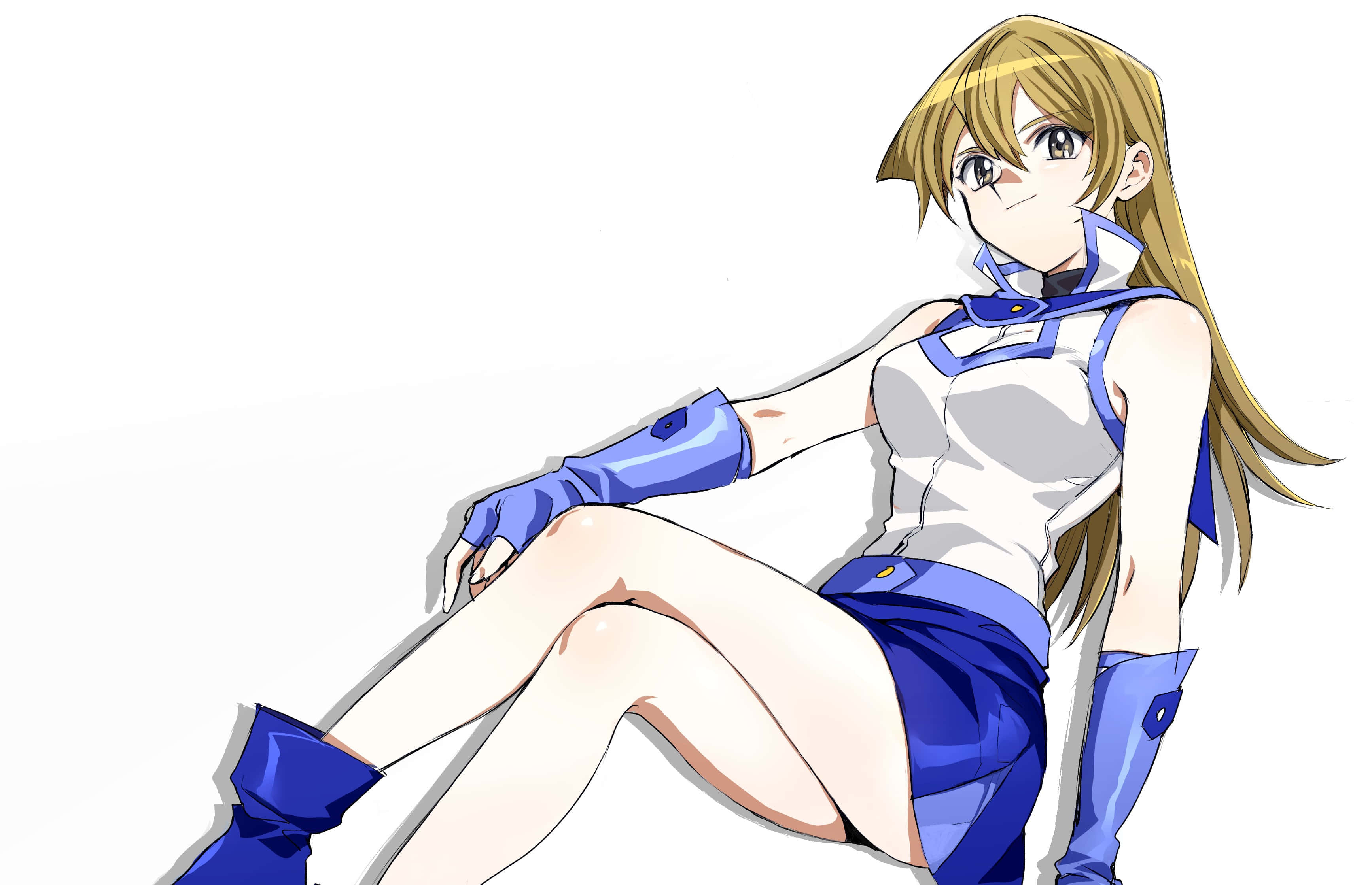 Alexis Rhodes 桌布 壁紙 — 金髮動漫女孩穿著藍白服裝，靠著白色背景休息。