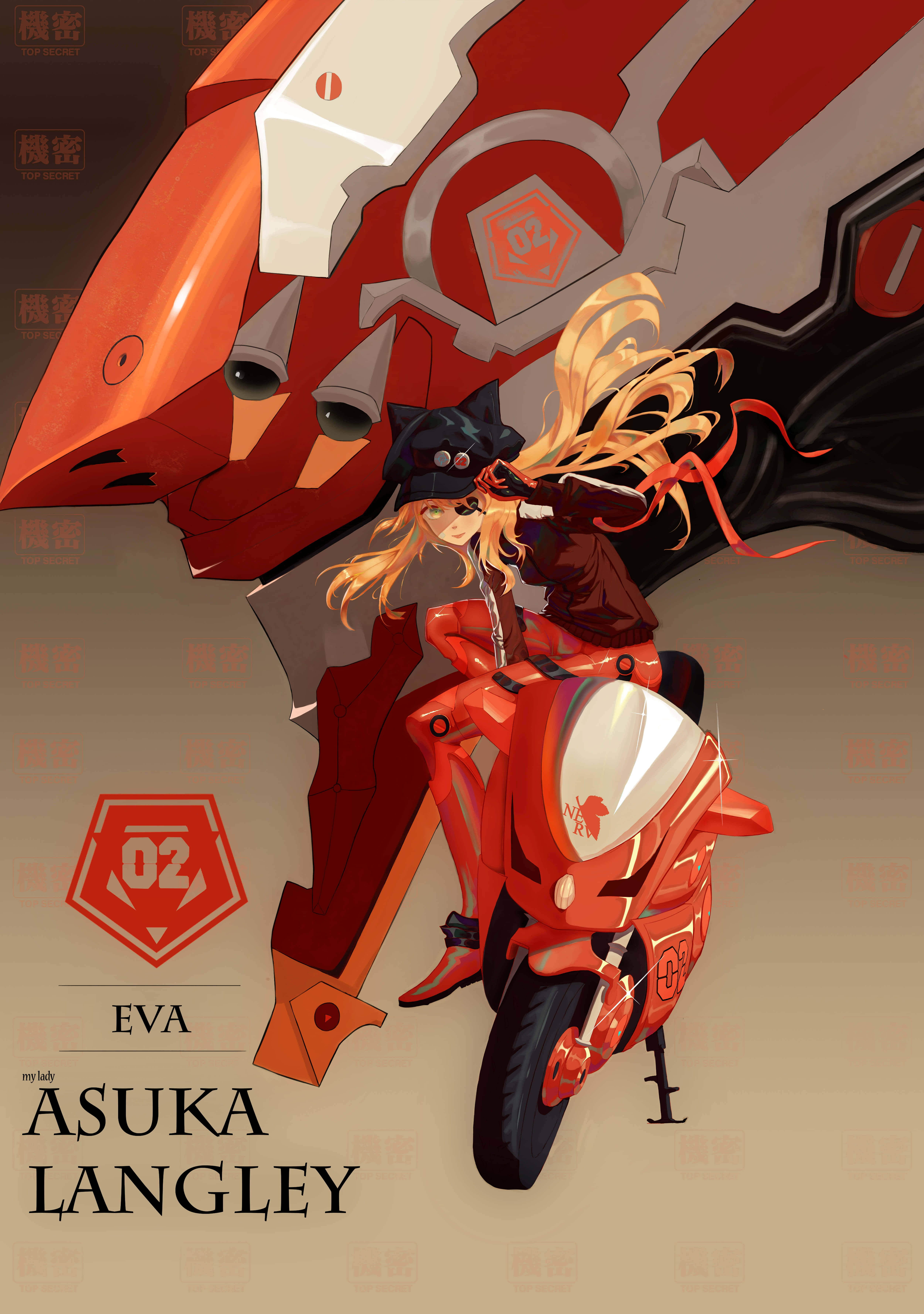 Eva-02 桌布 壁紙 — 金髮動漫女孩騎著紅色摩托車，旁邊有一個發光眼睛的巨型紅色機械天使。