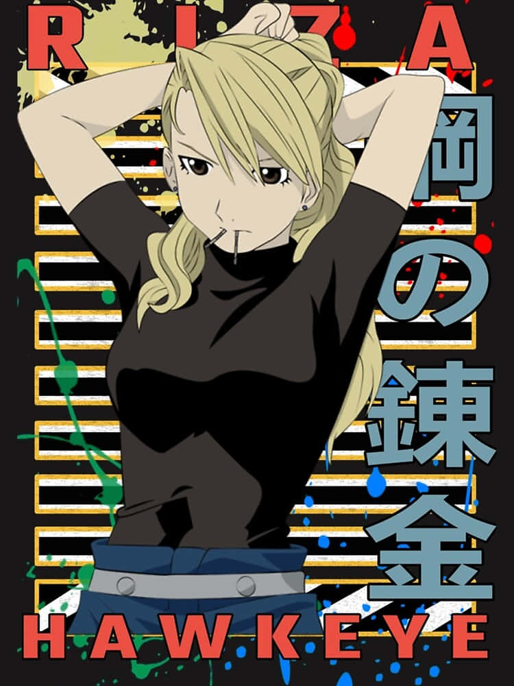 Riza Hawkeye 桌布 壁紙 — 金髮動漫少女叼著煙，在帶有粗體文字的塗鴉風格背景前擺姿勢。