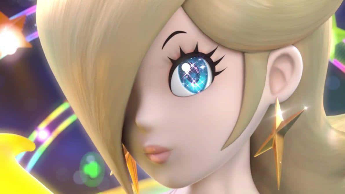 Princess Rosalina 桌布 壁紙 — 金髮動漫少女的特寫，擁有閃爍的藍色眼睛和星形耳環，背景是充滿活力的彩虹。