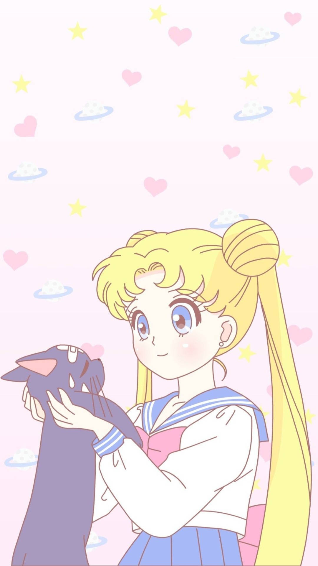 動漫女孩 桌布 壁紙 — 金髮動漫少女穿著水手服，在帶有心形和星星的柔和天空下，輕輕抱著一隻黑貓。