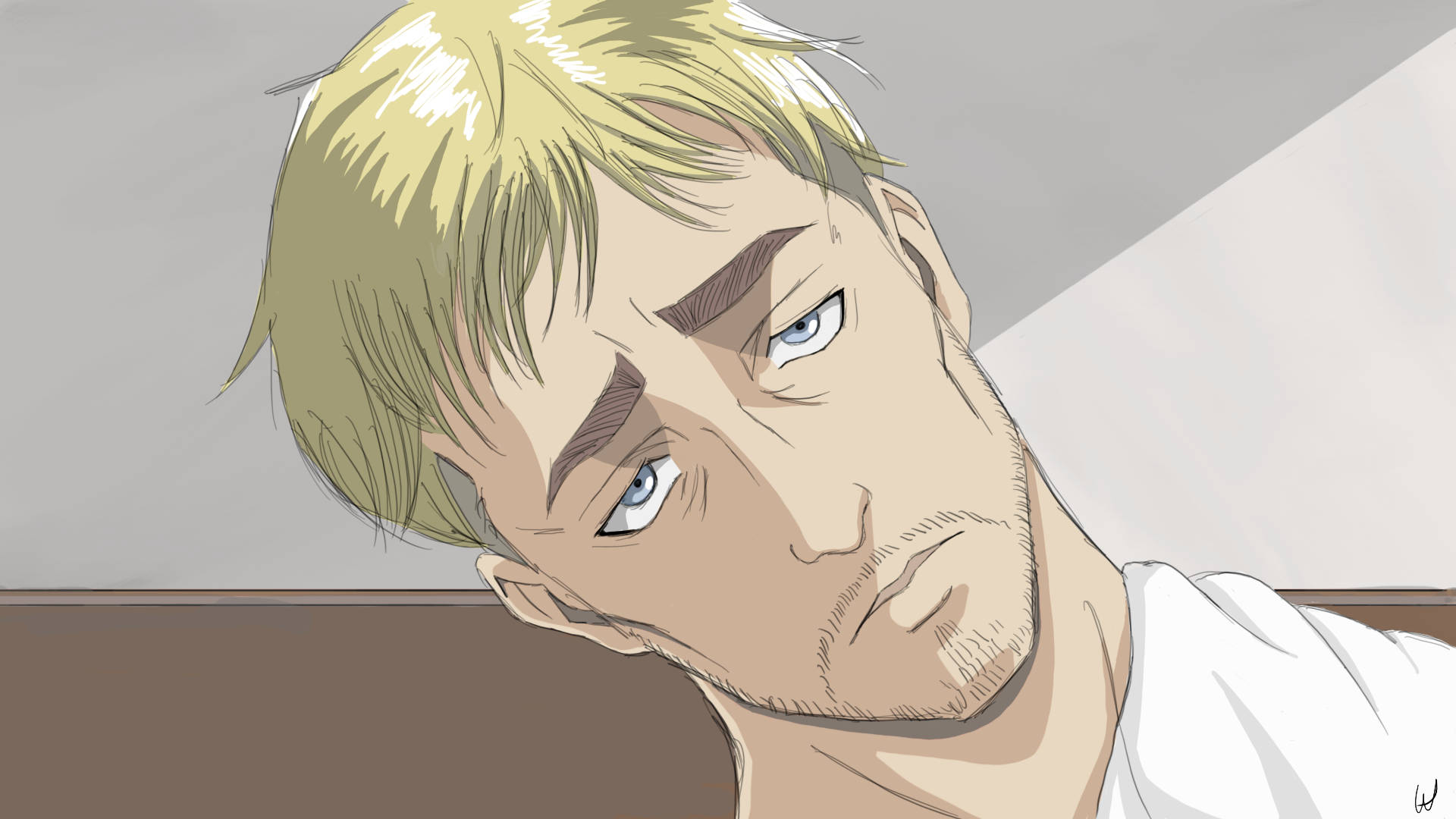 Erwin 桌布 壁紙 — 金髮動漫男子的特寫，擁有強烈的藍色眼睛和嚴肅的表情，頭部微微傾斜，背景簡單。