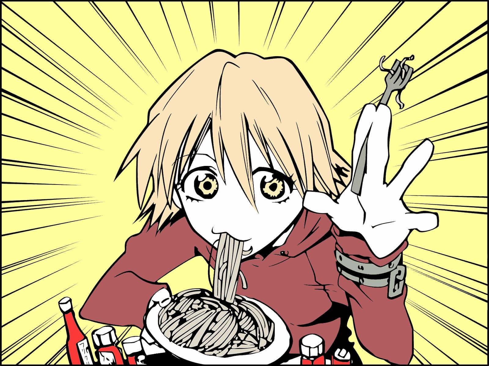 Haruko Haruhara 桌布 壁紙 — 金髮動漫角色在黃色放射背景前，用筷子熱情地吃義大利麵。