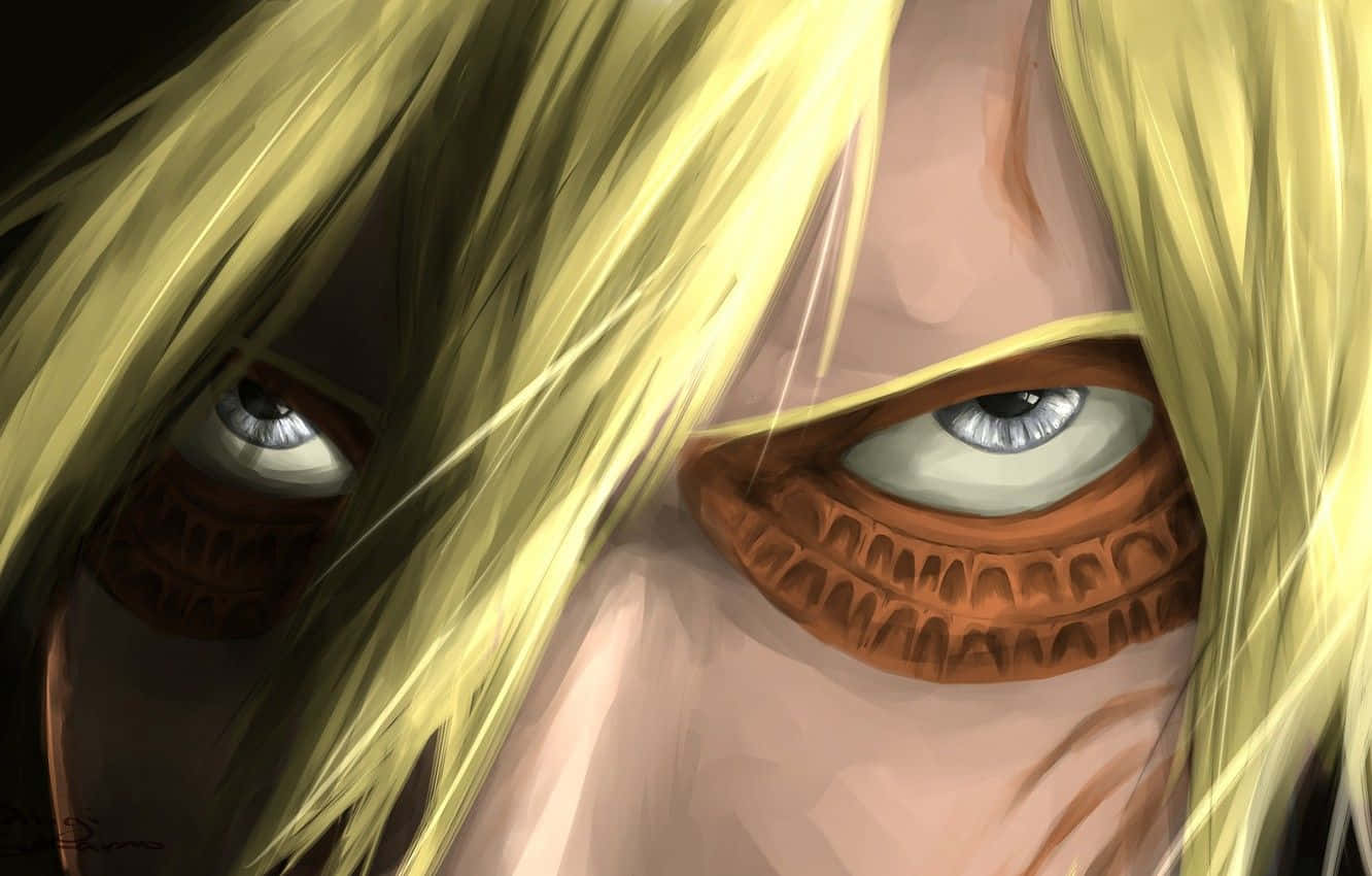 Female Titan 桌布 壁紙 — 金髮動漫角色帶有紋理棕色眼貼和銳利高光的強烈眼睛特寫。