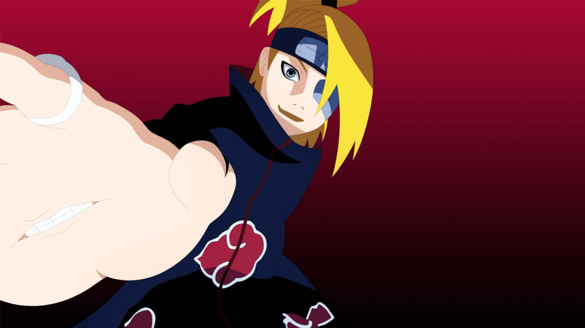 Akatsuki X Deidara 桌布 壁紙 — 金髮動漫角色身穿深色斗篷，帶有紅色雲朵標誌，在深紅色漸變背景上向前猛衝。