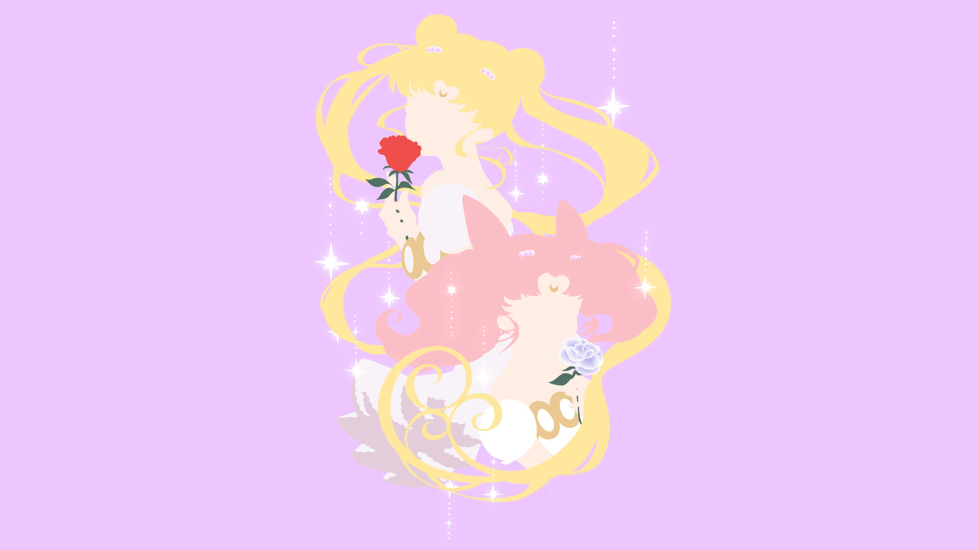Aesthetic Sailor Moon 桌布 壁紙 — 金髮動漫風格女孩在柔和的薰衣草背景上，手持紅玫瑰，周圍有閃爍的星星。