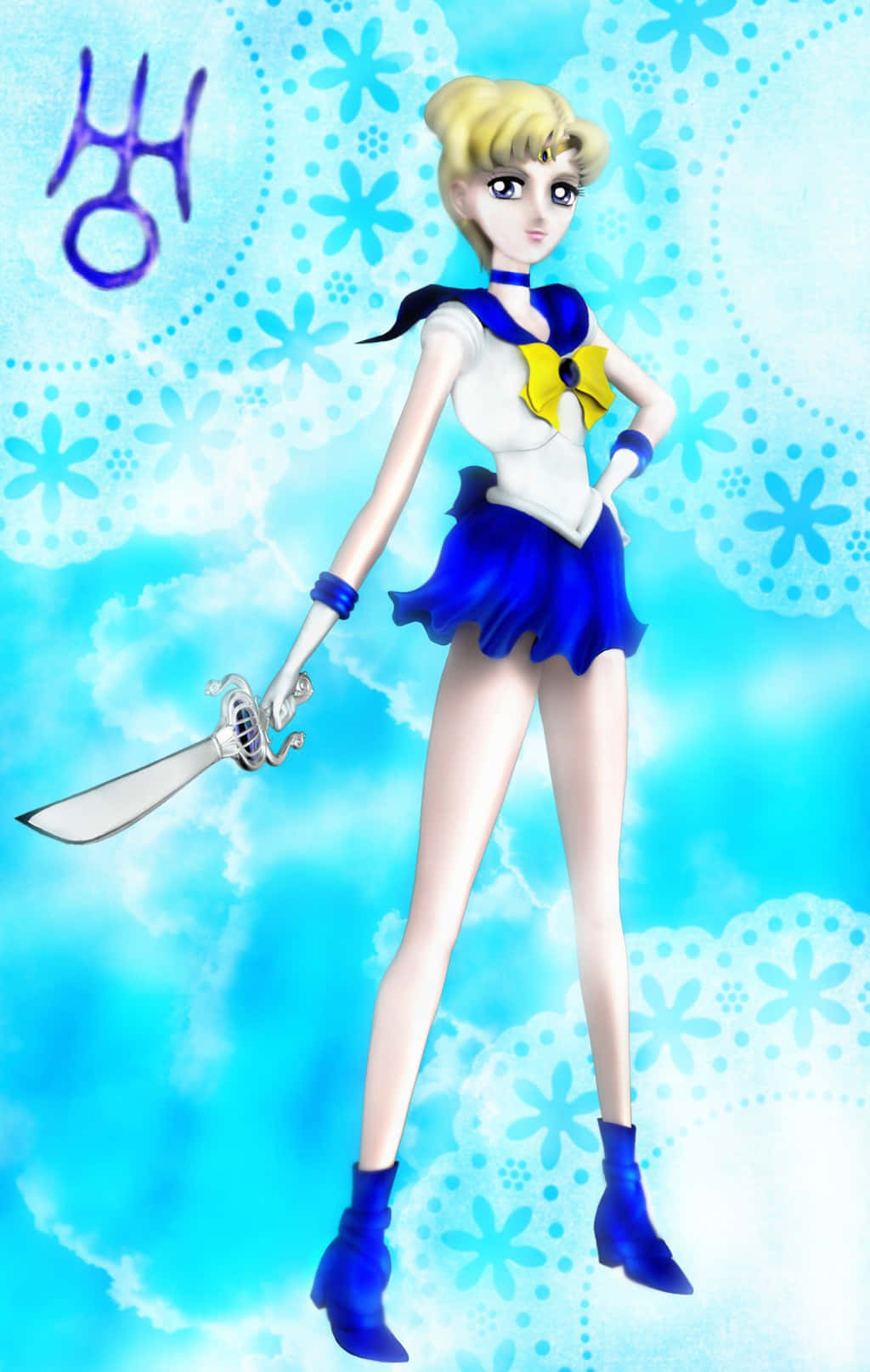 Sailor Uranus 桌布 壁紙 — 金髮動漫風格水手戰士，在明亮的藍色花卉圖案背景前揮舞劍。