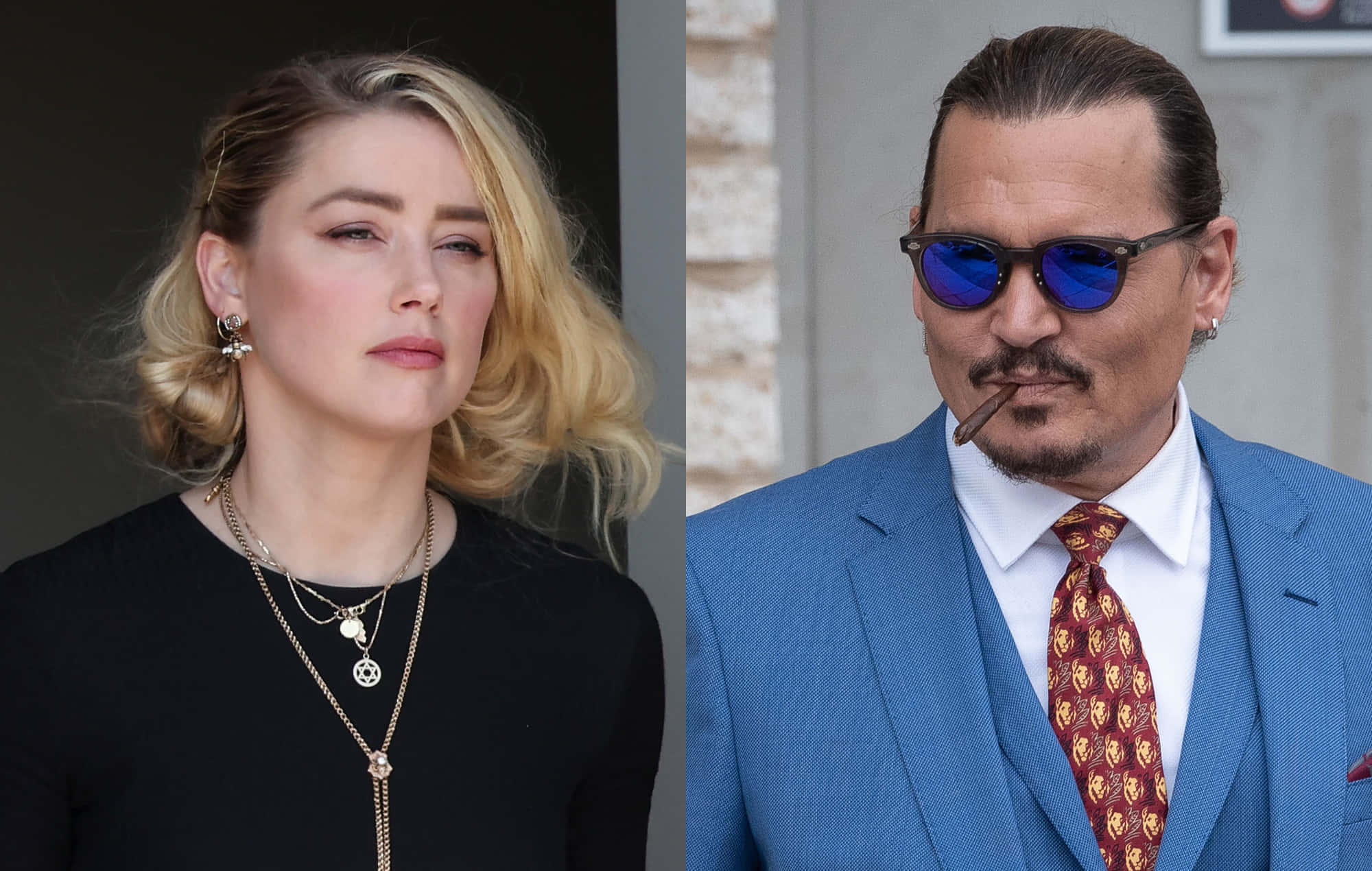 Johnny Depp And Amber Heard 桌布 壁紙 — 金髮女子穿黑色服裝與藍色西裝男子戴太陽眼鏡和雪茄的分割肖像。